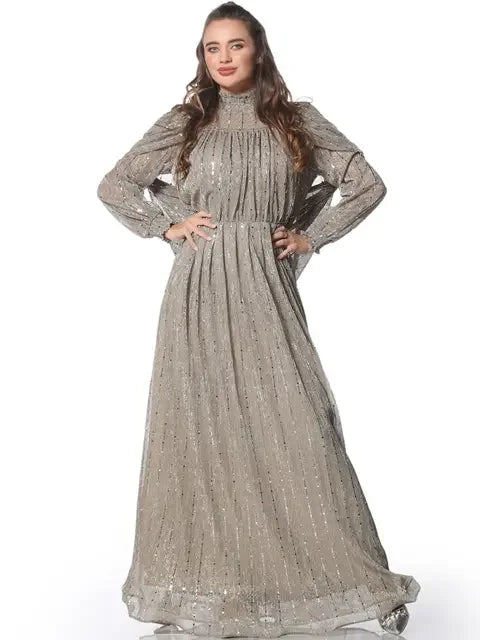 Palestinian Elegance modest glittery evening dress with long sleeves and high neckline