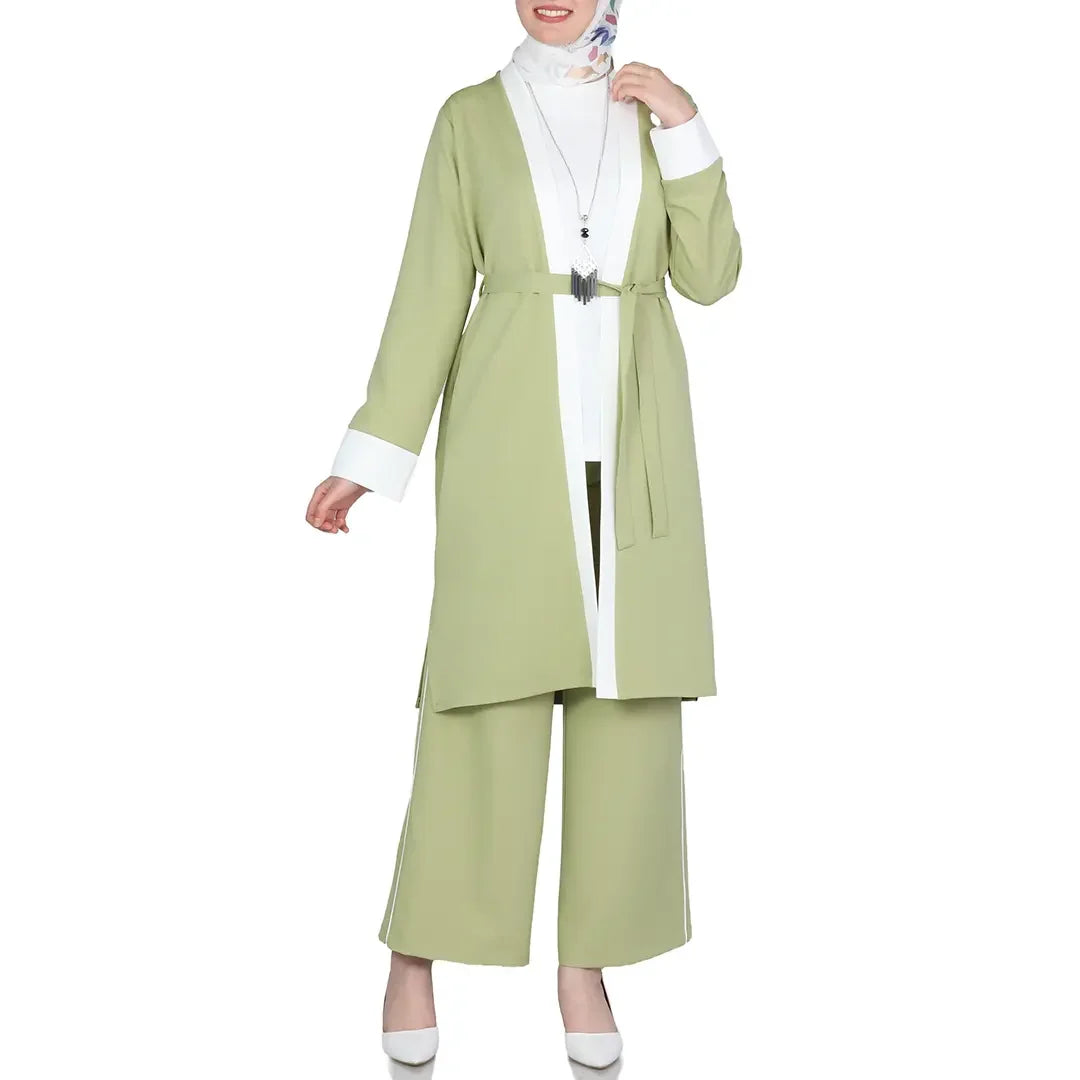 Palestinian Elegance modest spring outfit set with light green long cardigan and wide pants