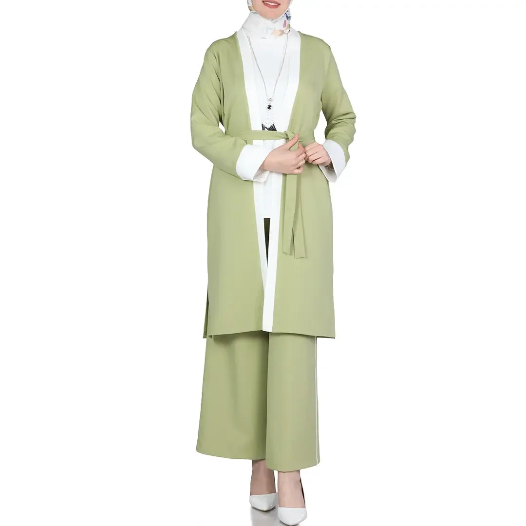 Palestinian Elegance modest spring outfit set in light green with white accents and wide-leg pants