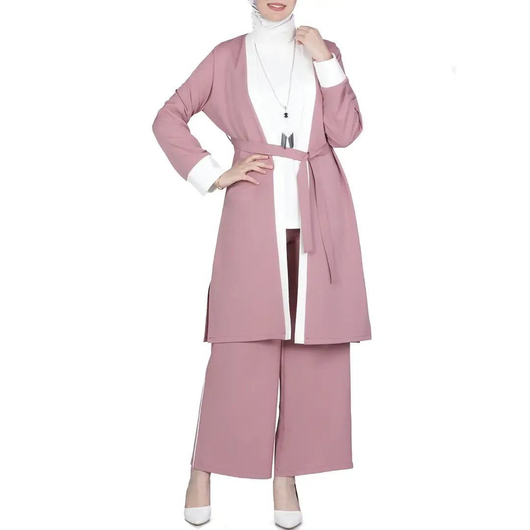 Palestinian Elegance modest spring outfit set with mauve long cardigan and wide-leg pants