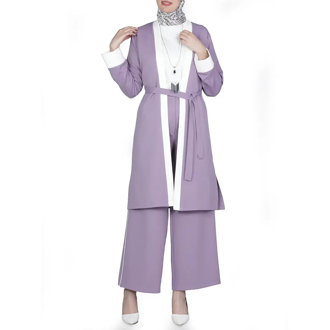 Palestinian Elegance modest spring outfit set with lavender belted long jacket and wide-leg pants