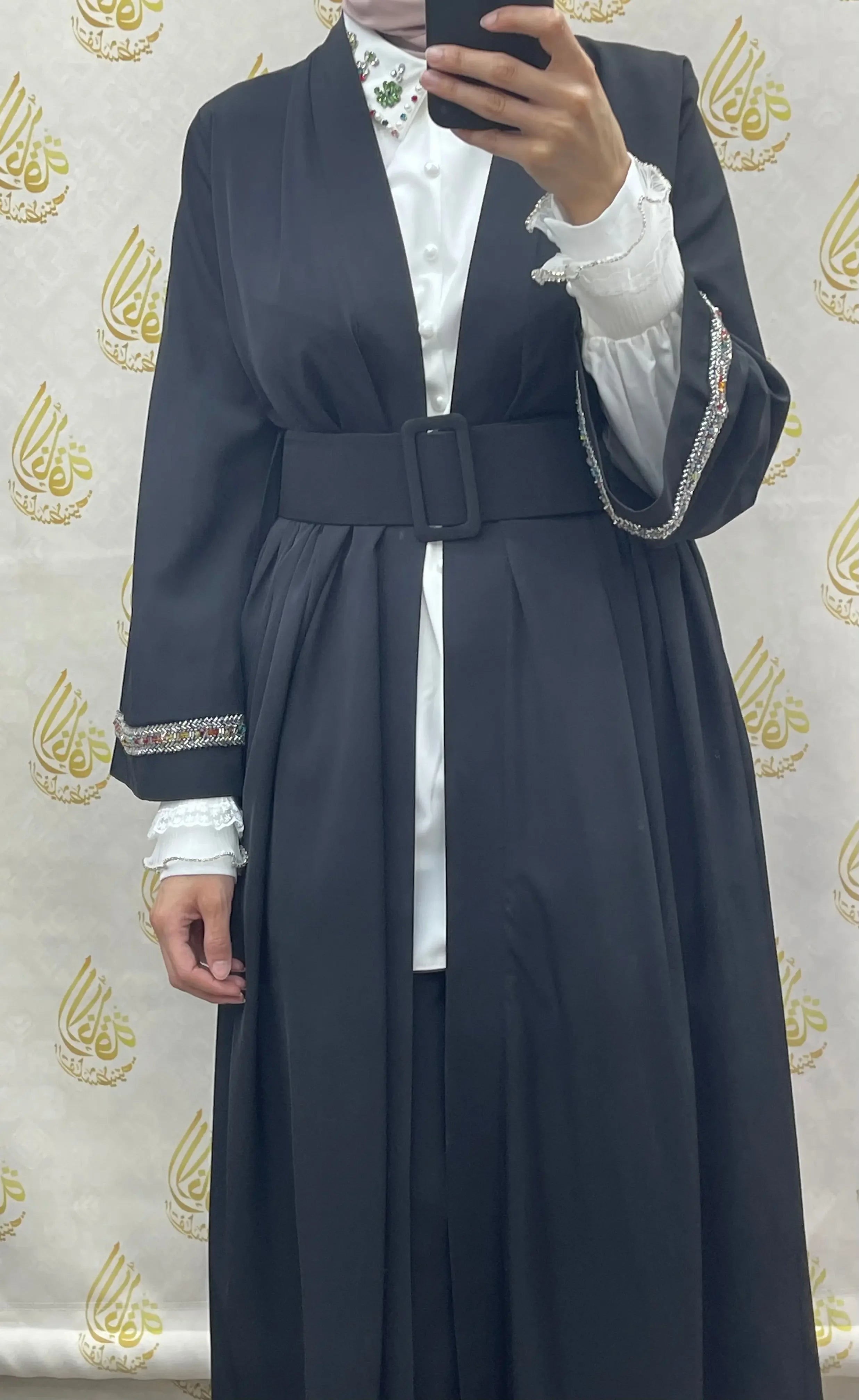 Palestinian Elegance black modesty long set with belt and embroidered sleeve details casual wear