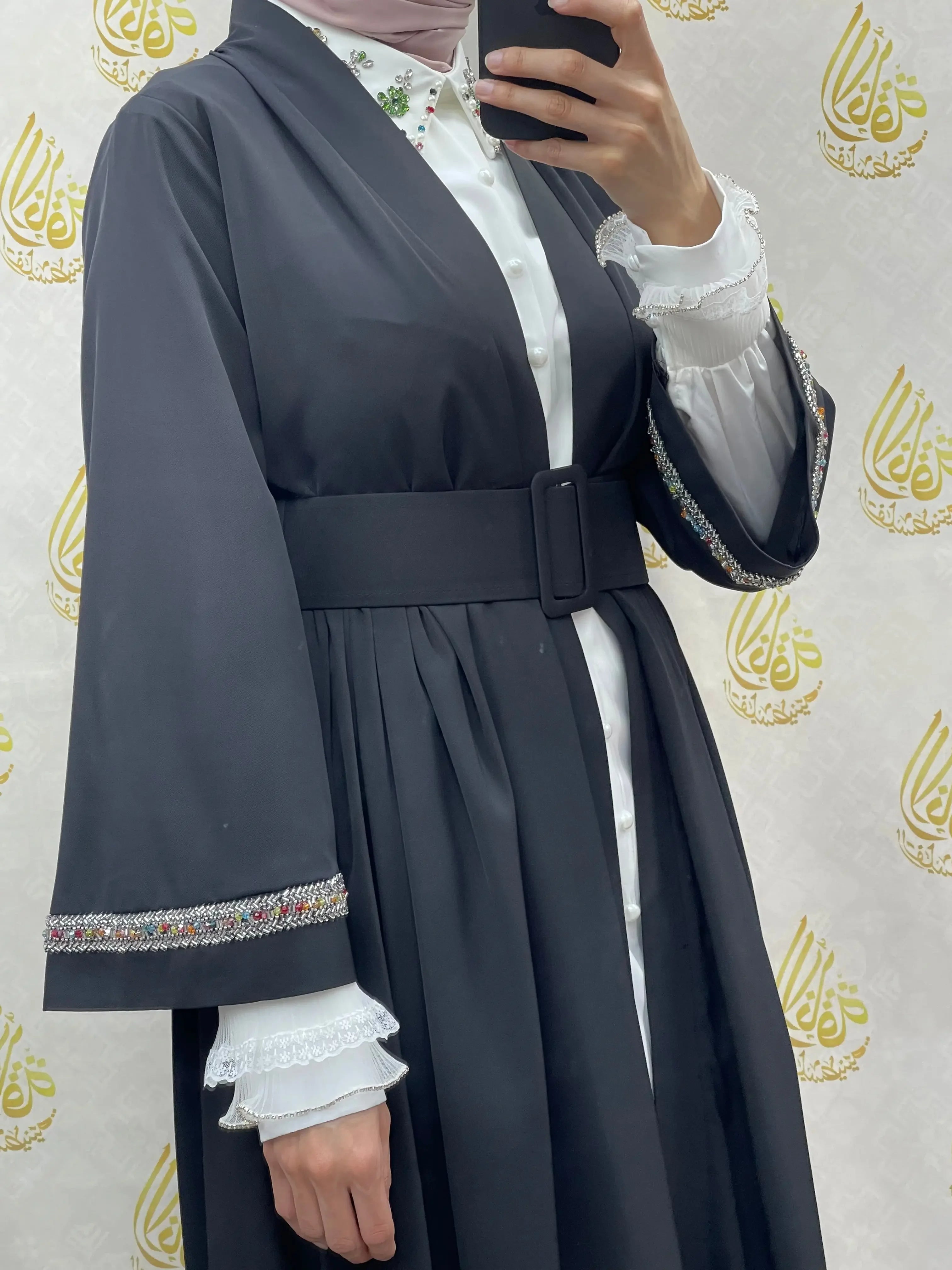 Palestinian Elegance modesty long set with black belted outer layer and white inner dress with embroidered cuffs