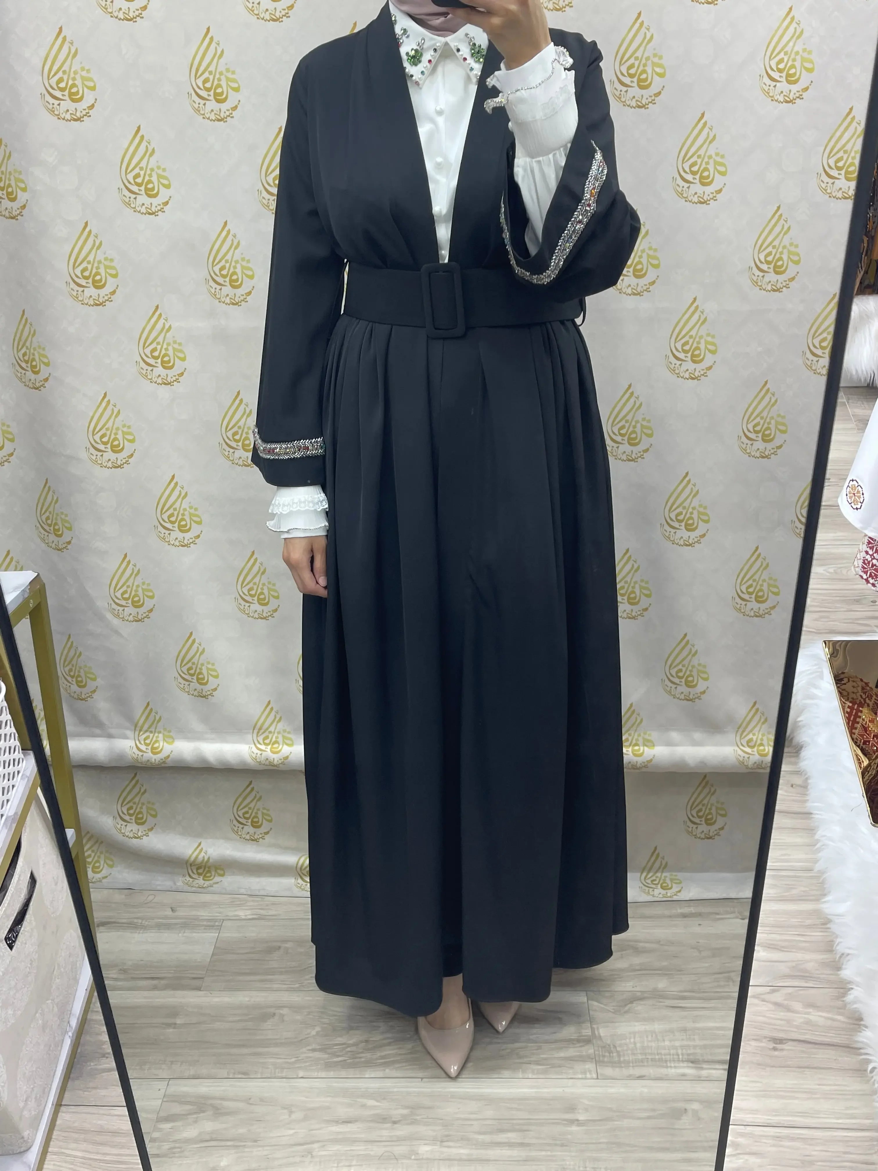 Palestinian Elegance modesty long set black belted long sleeve casual dress with white inner shirt