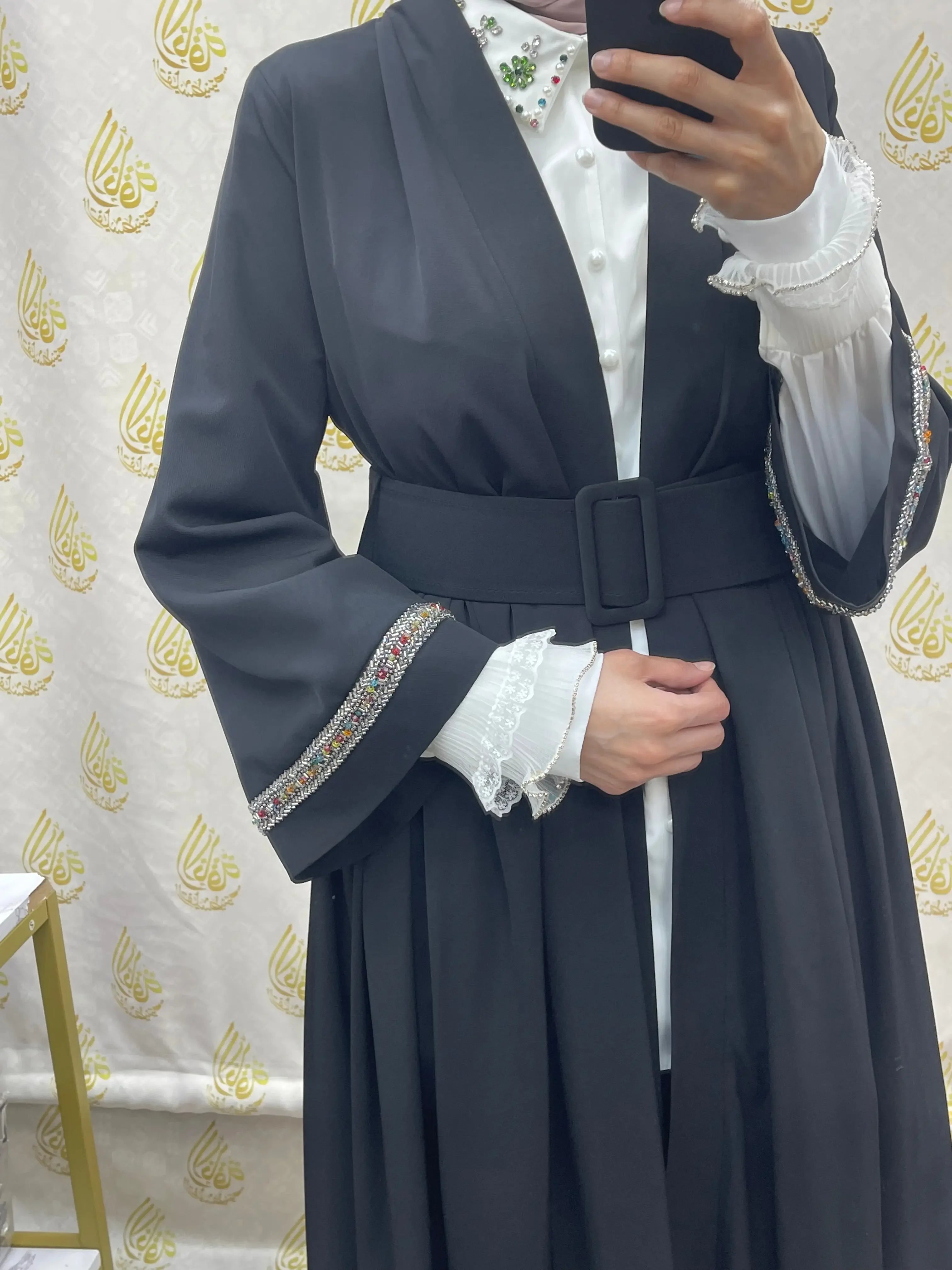 Palestinian Elegance modesty long set with black belted outerwear and white embroidered inner blouse