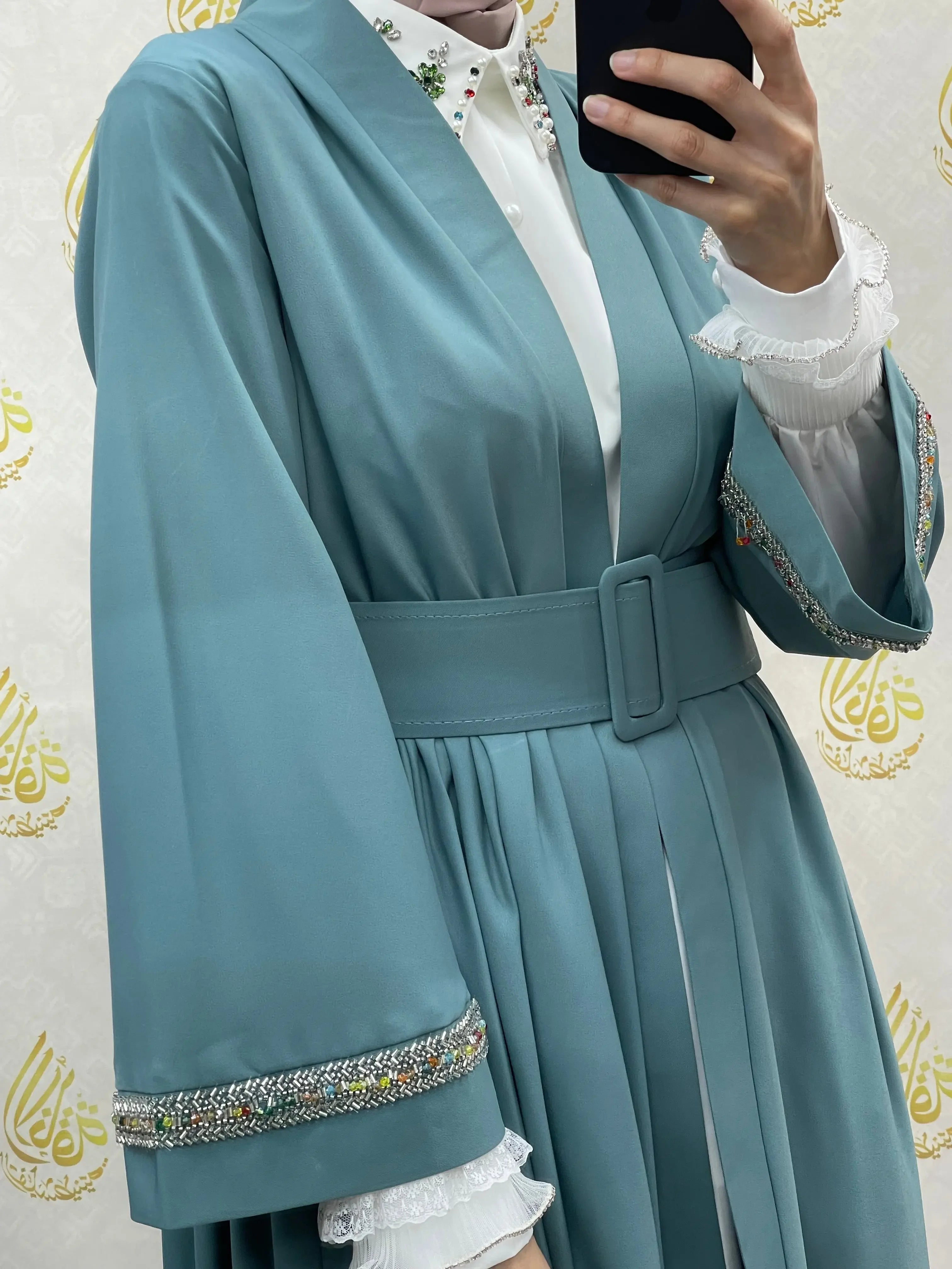 Palestinian Elegance modesty long set blue casual outfit with belt and embellished sleeve details