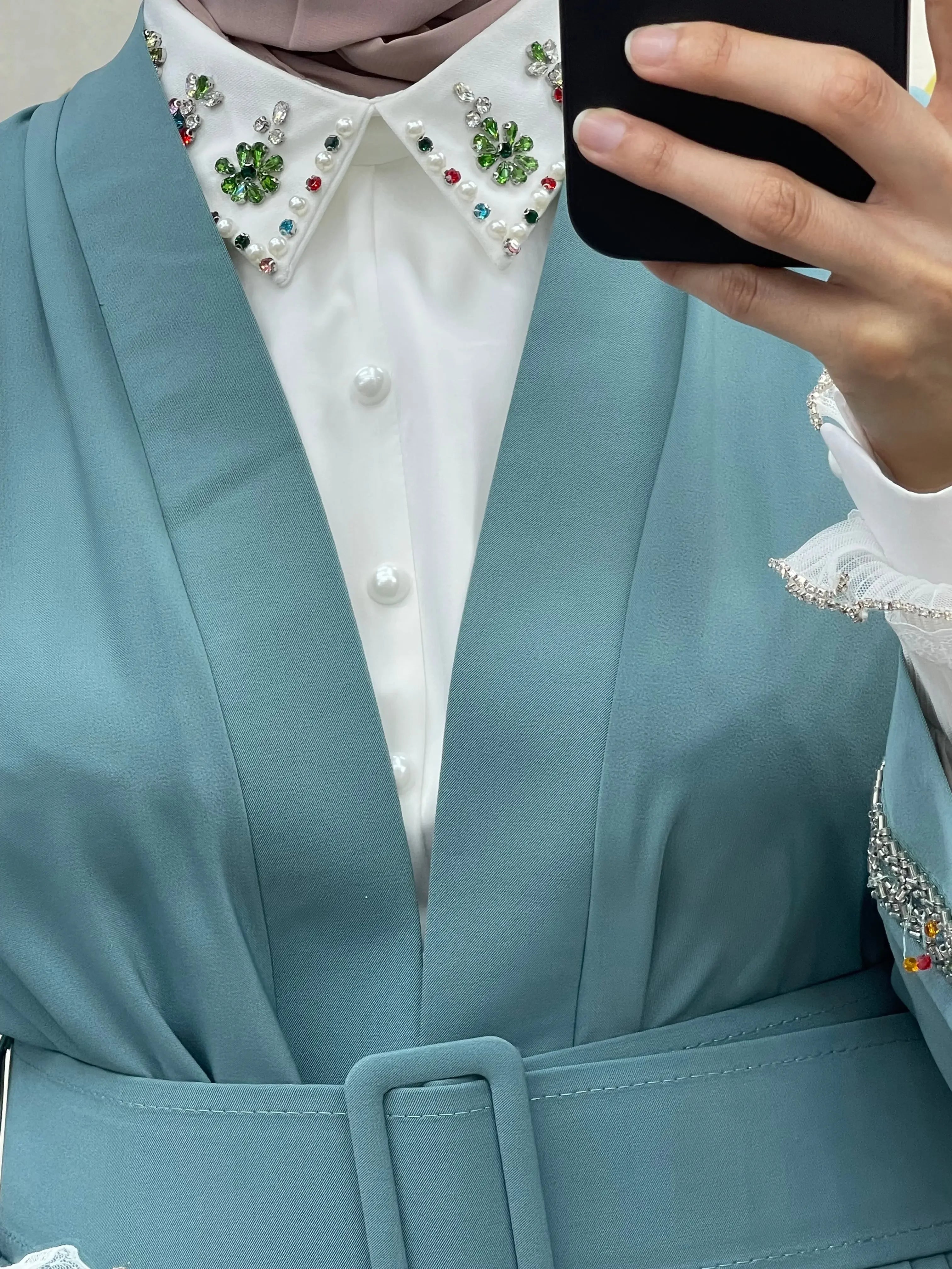 Palestinian Elegance modesty long set in blue with embellished white collar and button details