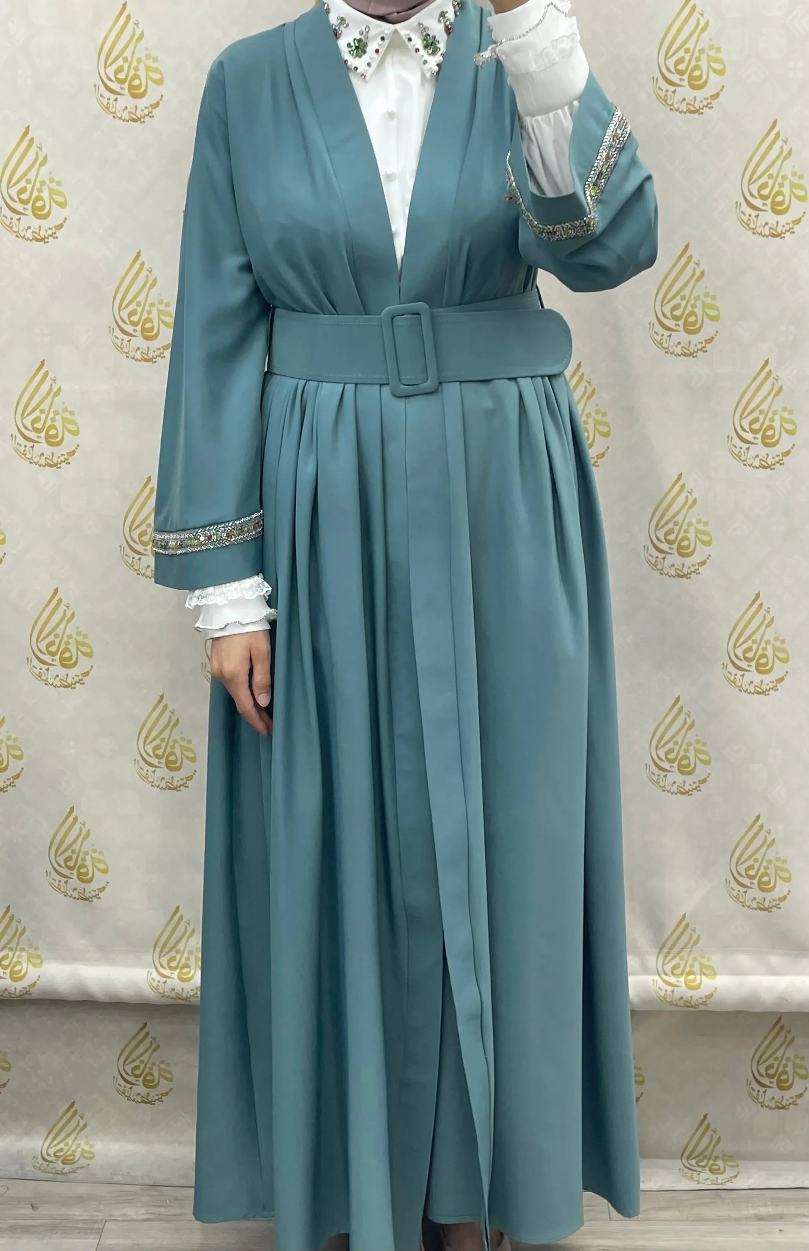 Palestinian Elegance modesty long set in teal with belted waist and detailed cuff accents