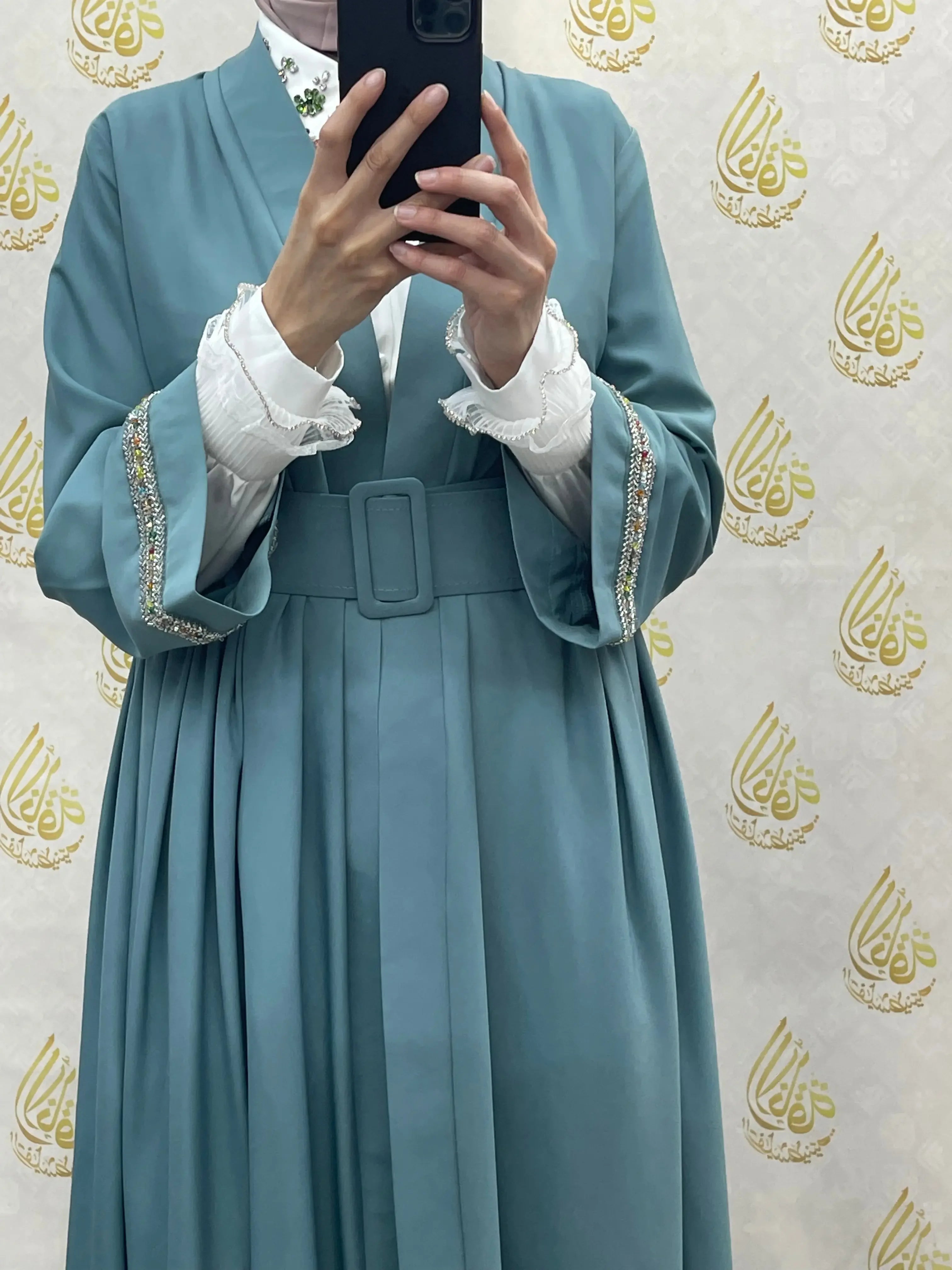 Palestinian Elegance modesty long set in blue with belt and embroidered sleeve details for casual wear