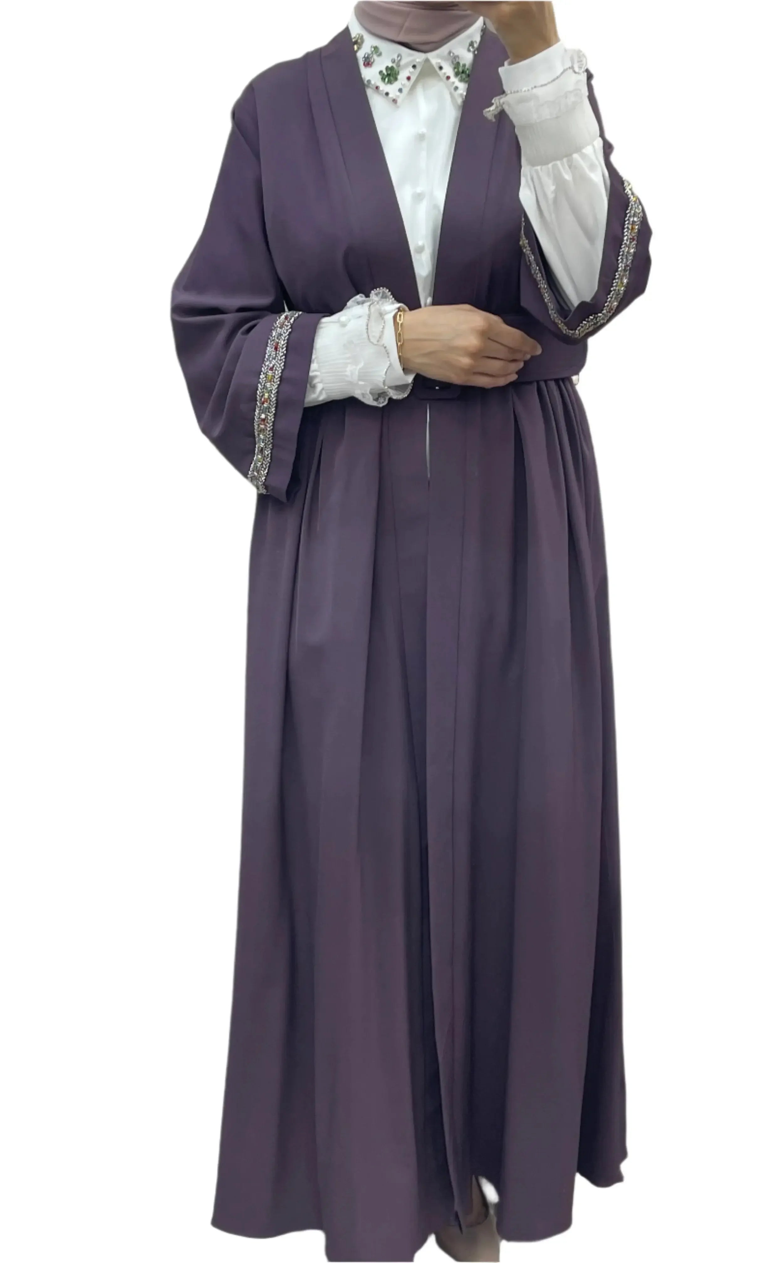 Palestinian Elegance casual modesty long set in deep purple with embroidered sleeve details and white inner blouse
