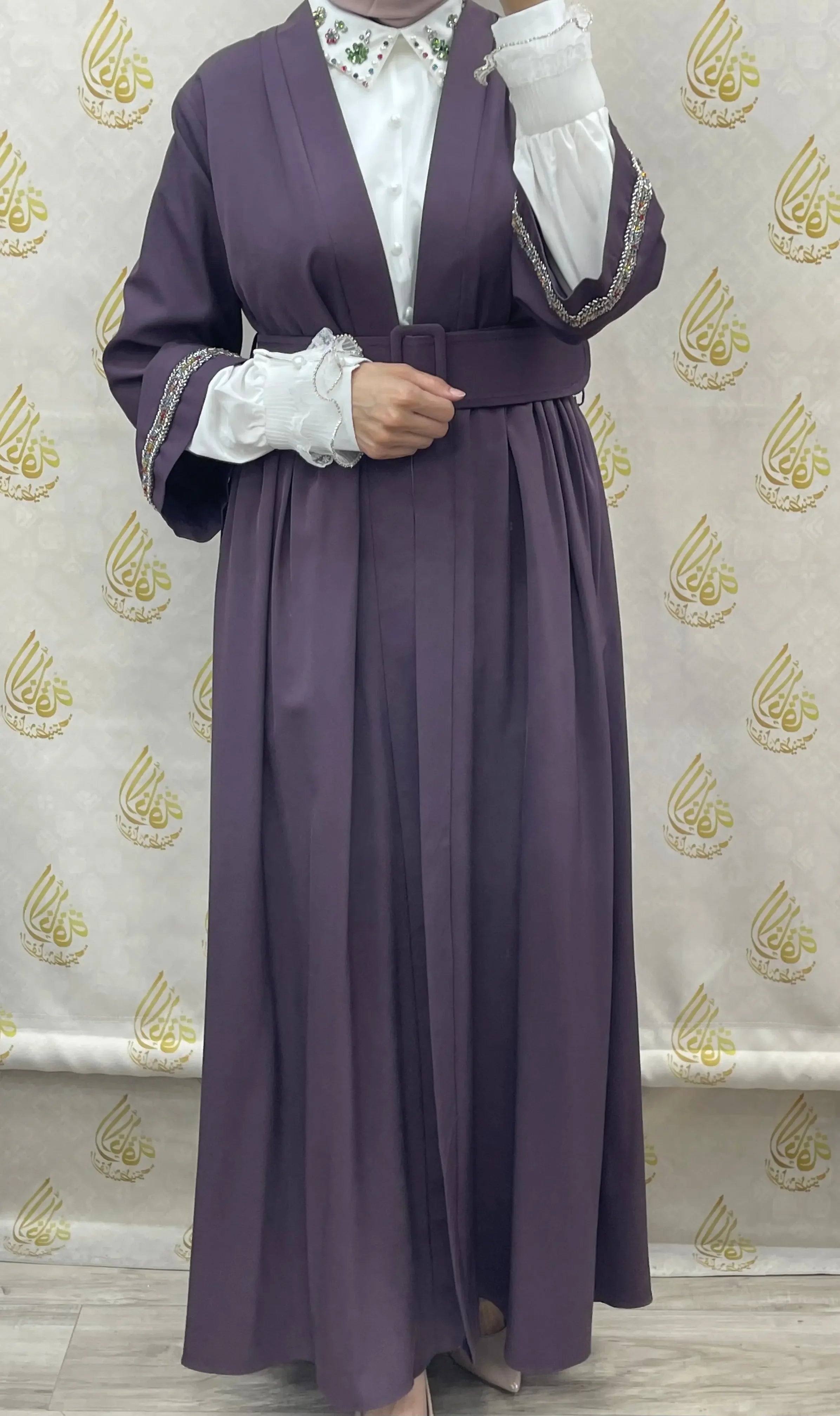 Palestinian Elegance modesty long set in purple with belt and detailed sleeves over white blouse