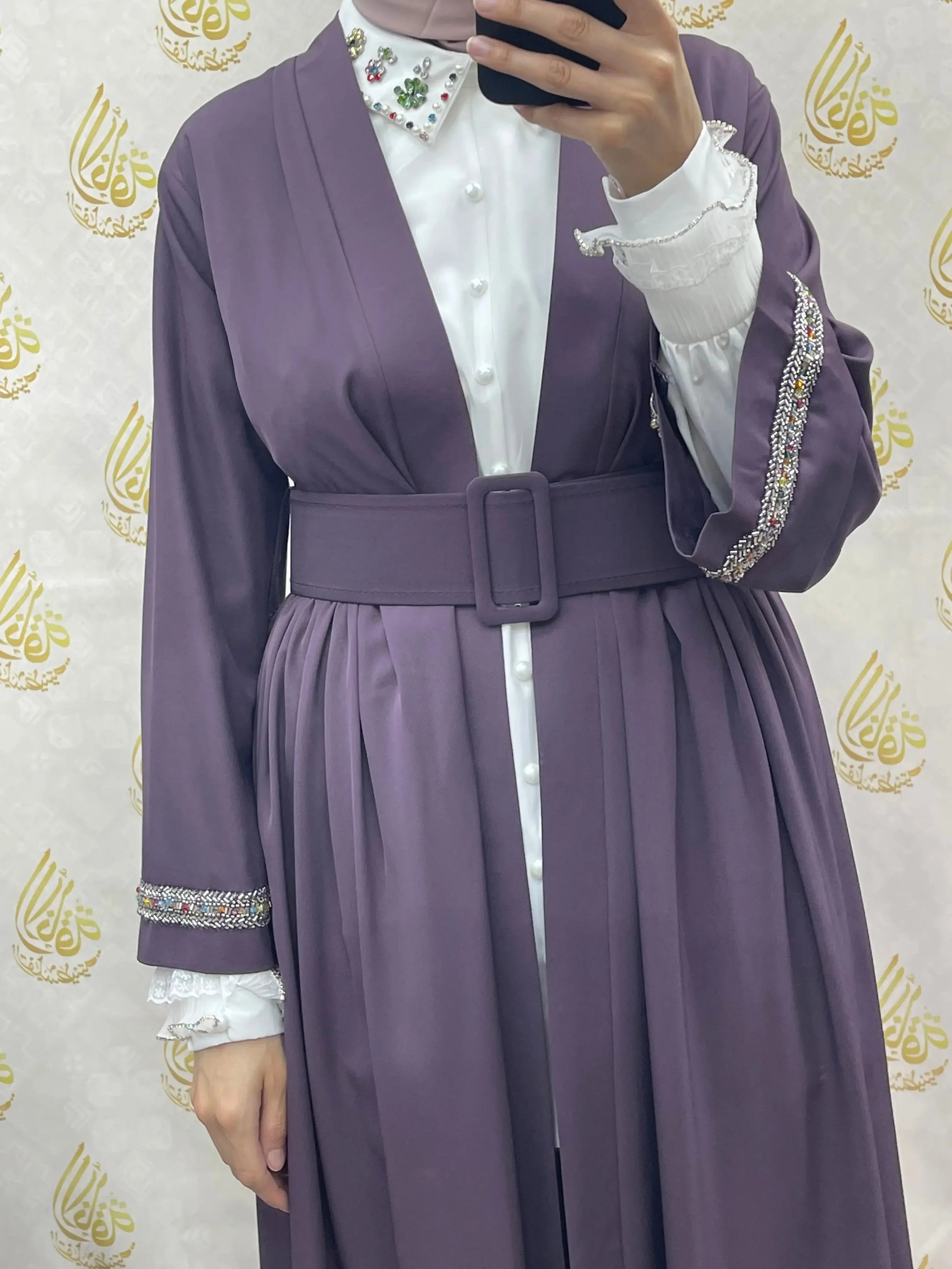 Palestinian Elegance modesty long set in purple with beaded sleeve details and wide belt