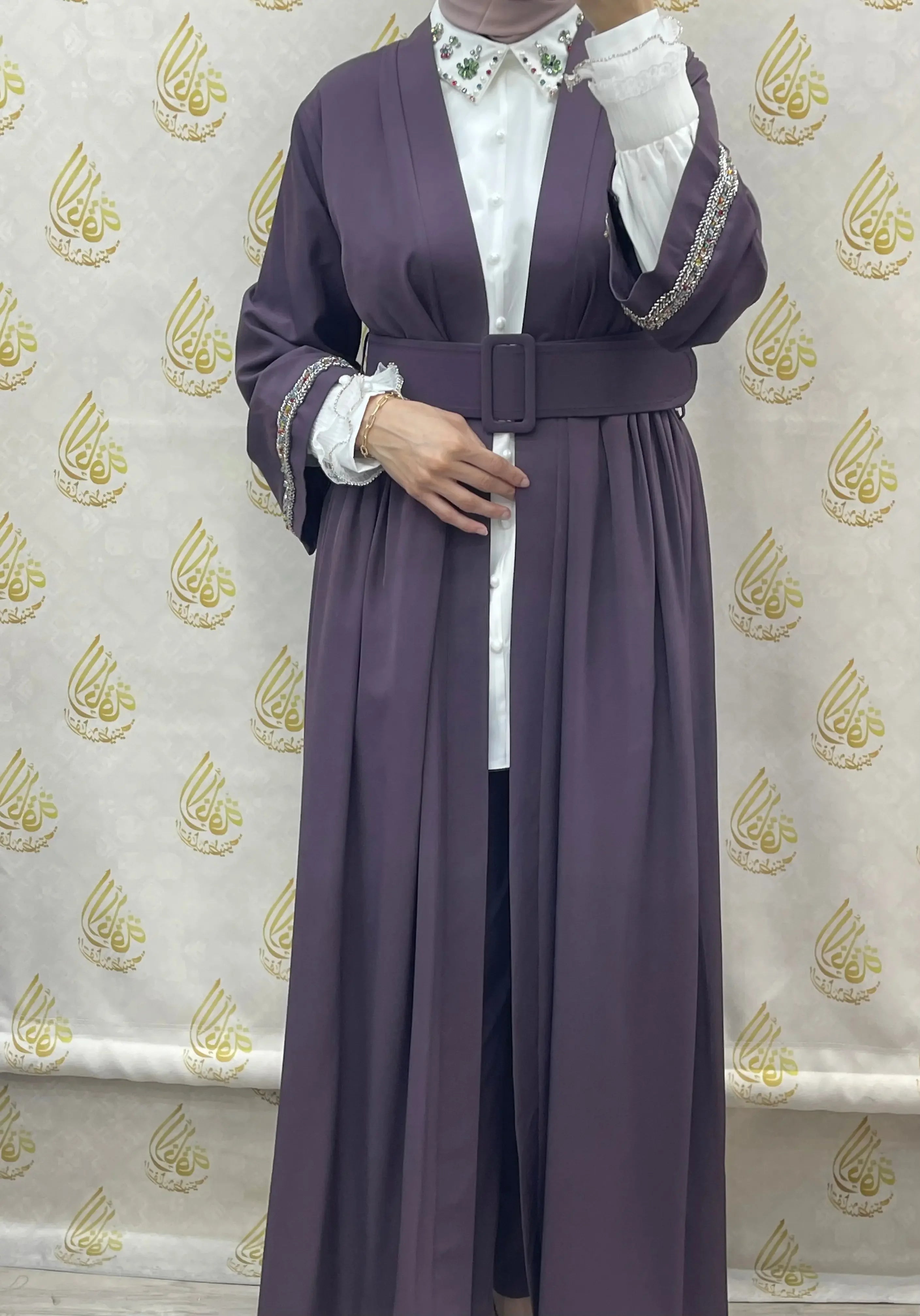 Palestinian Elegance modesty long set in purple with embroidered sleeves and wide belt for casual wear