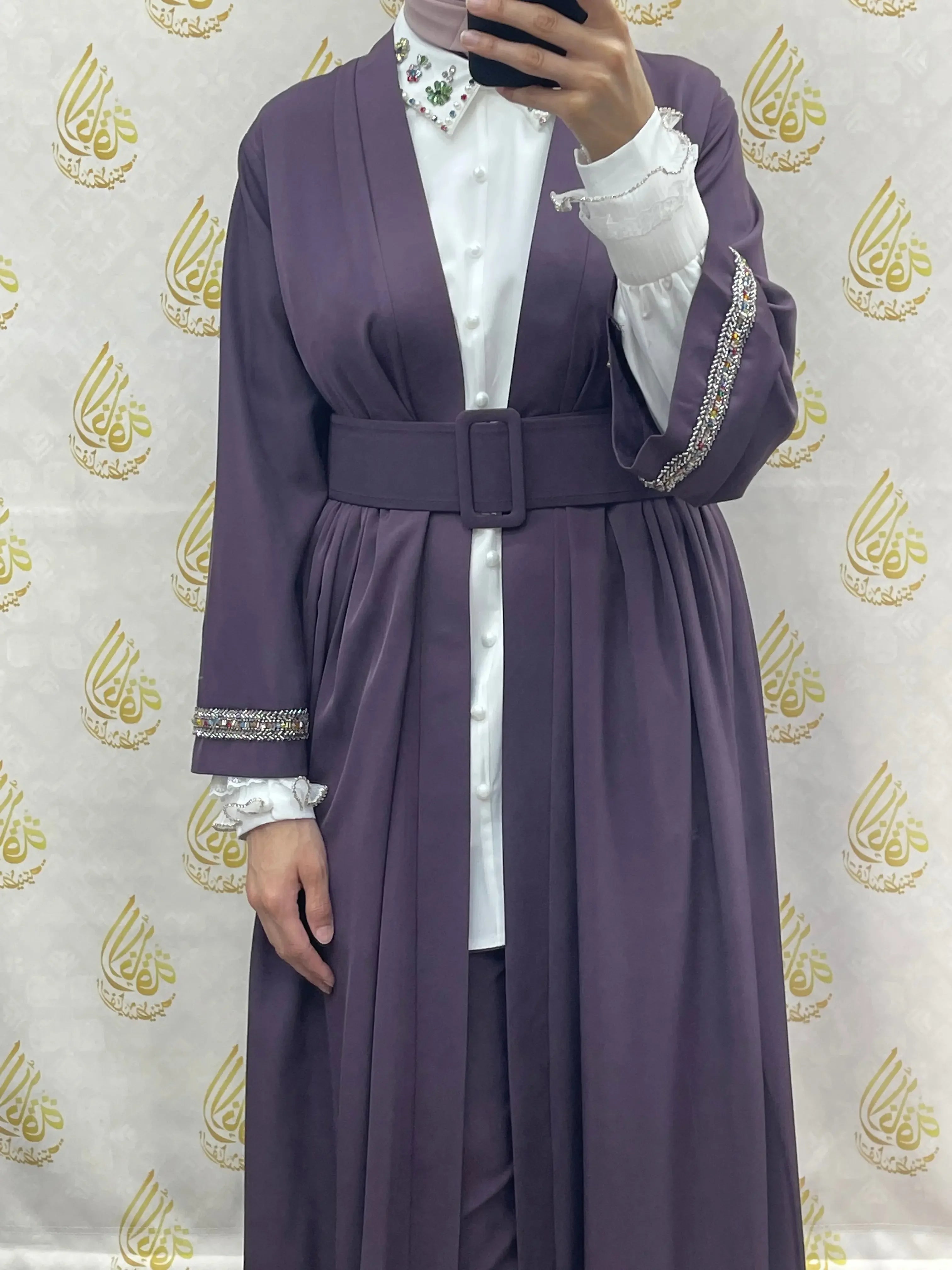 Palestinian Elegance modesty long set purple casual outfit with belt and embroidered white shirt