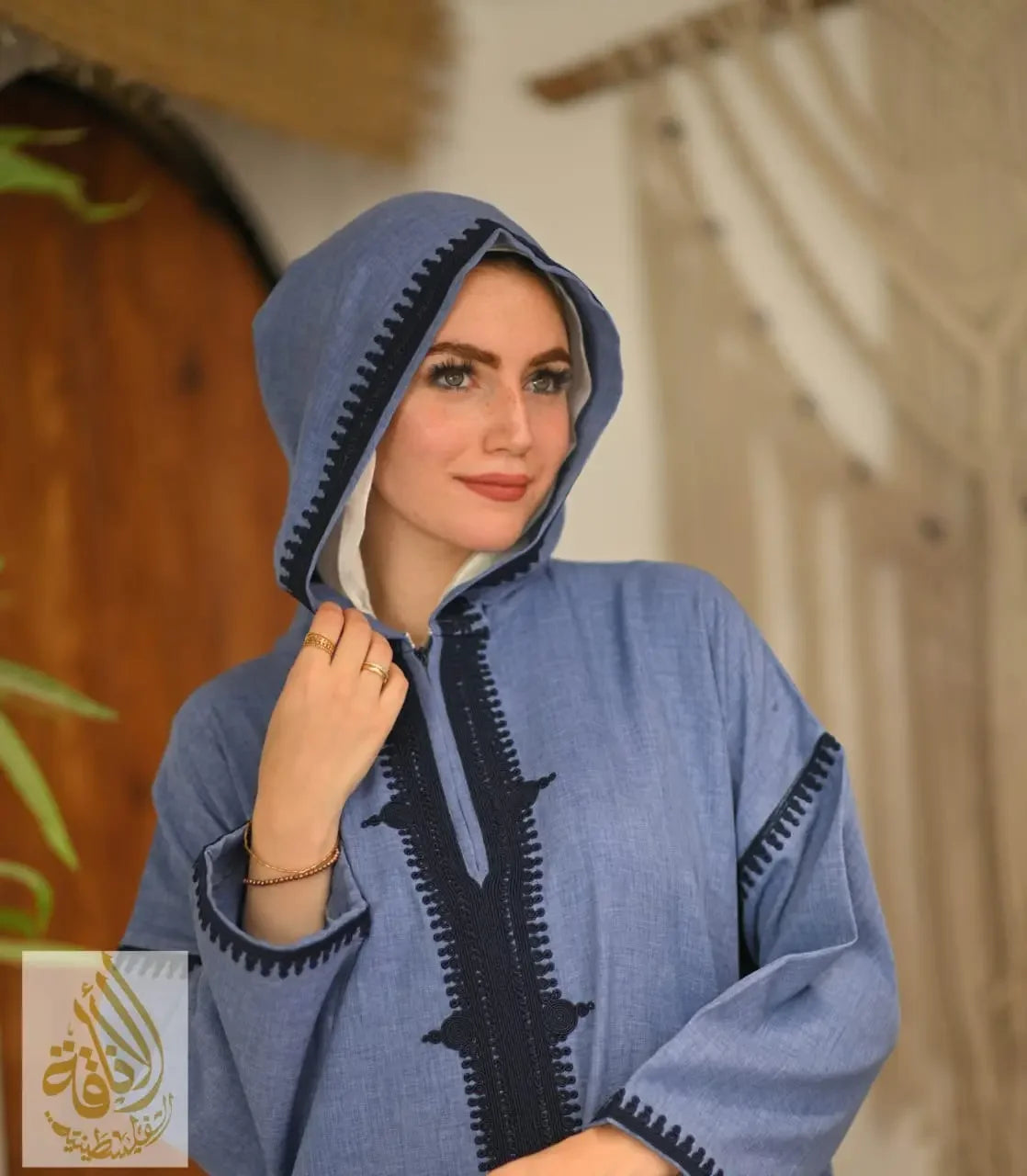 Palestinian Elegance blue jilbab with hood featuring black embroidery, Moroccan embroidered kaftan dress style