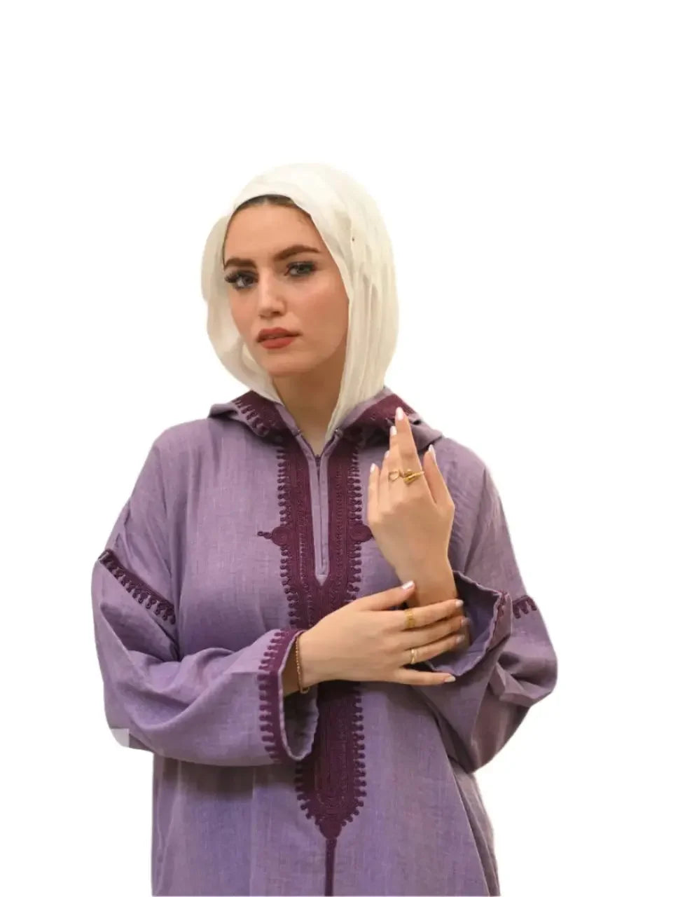 Palestinian Elegance jilbab featuring a Moroccan embroidered kaftan dress in purple with intricate stitching details