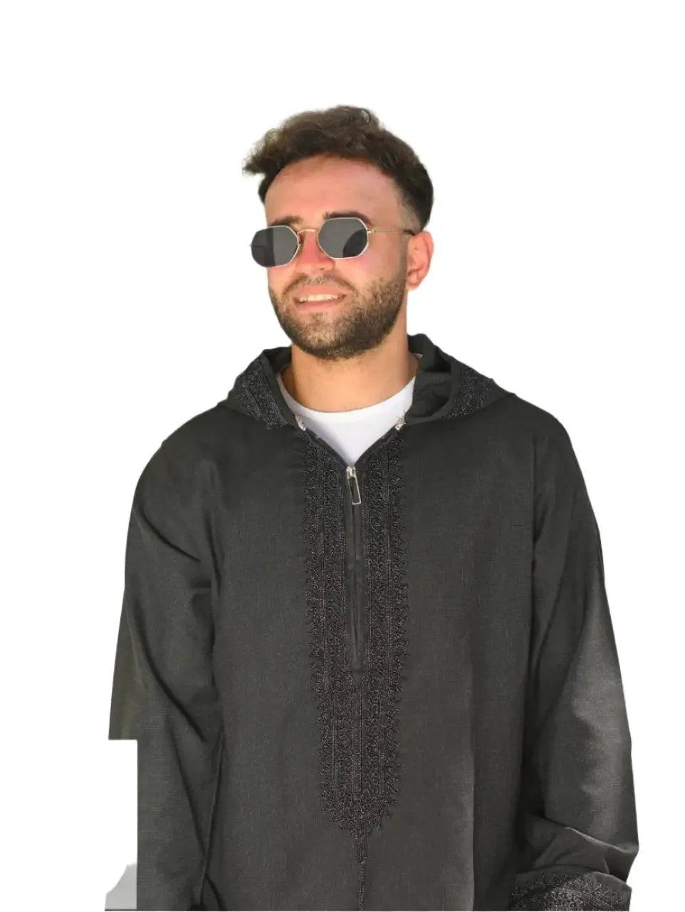 Man wearing black casual Moroccan jalabiya for men with embroidery and hood by Palestinian Elegance