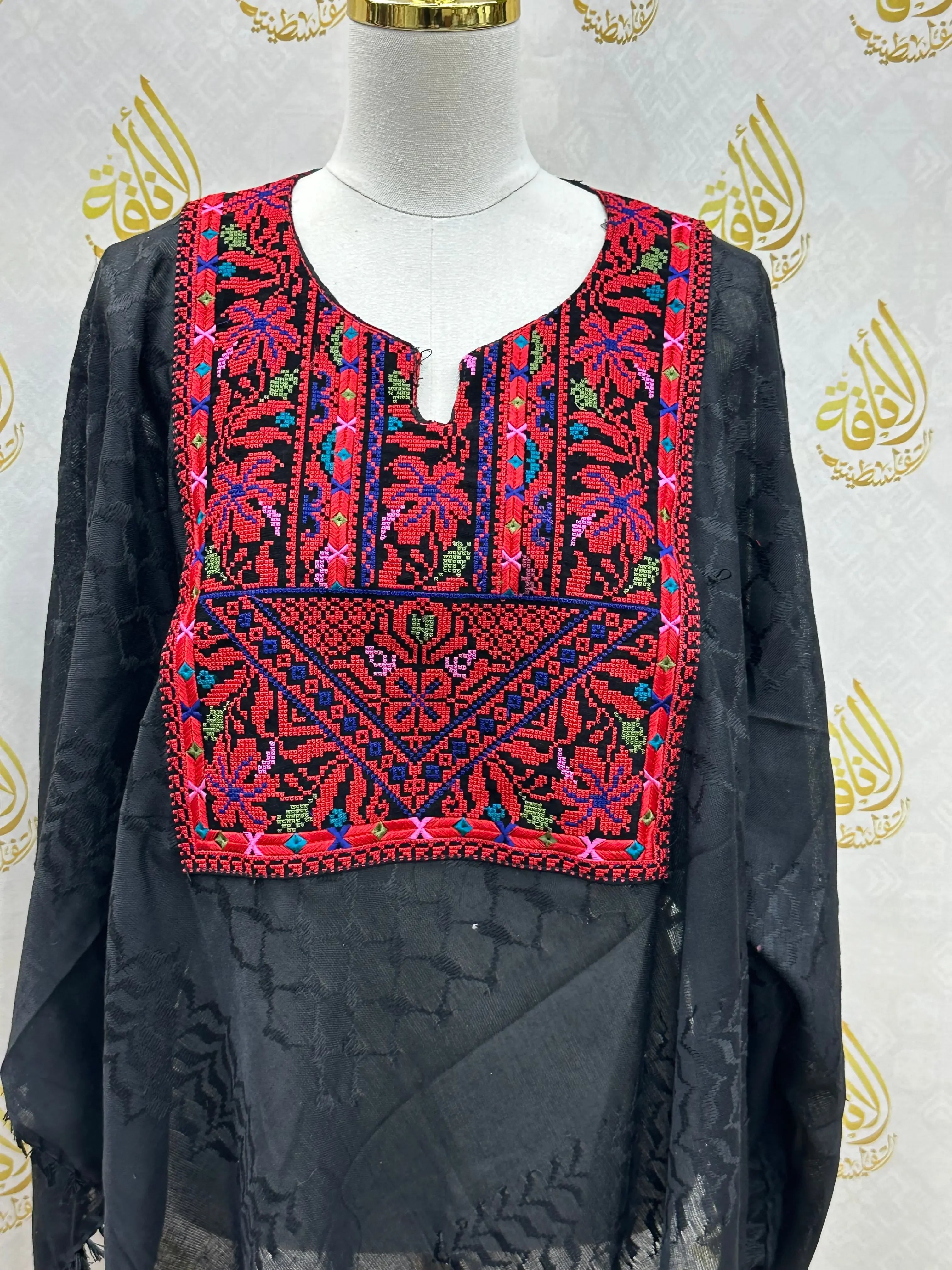 Palestinian Elegance casual multicolor kuffiyeh shirt with intricate red and black embroidery on black fabric