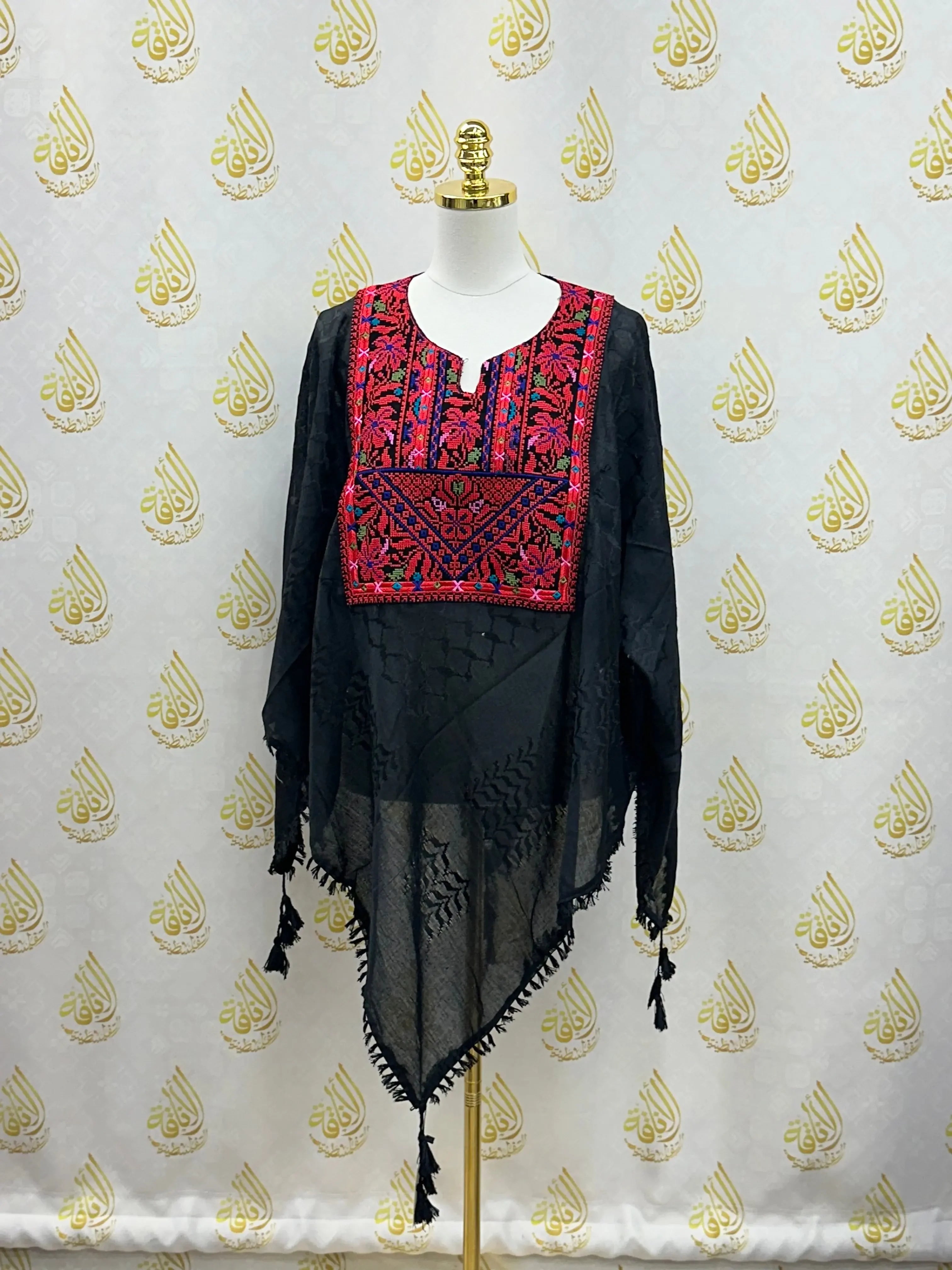 Palestinian Elegance black casual multicolor kuffiyeh shirt with embroidered red and pink patterns