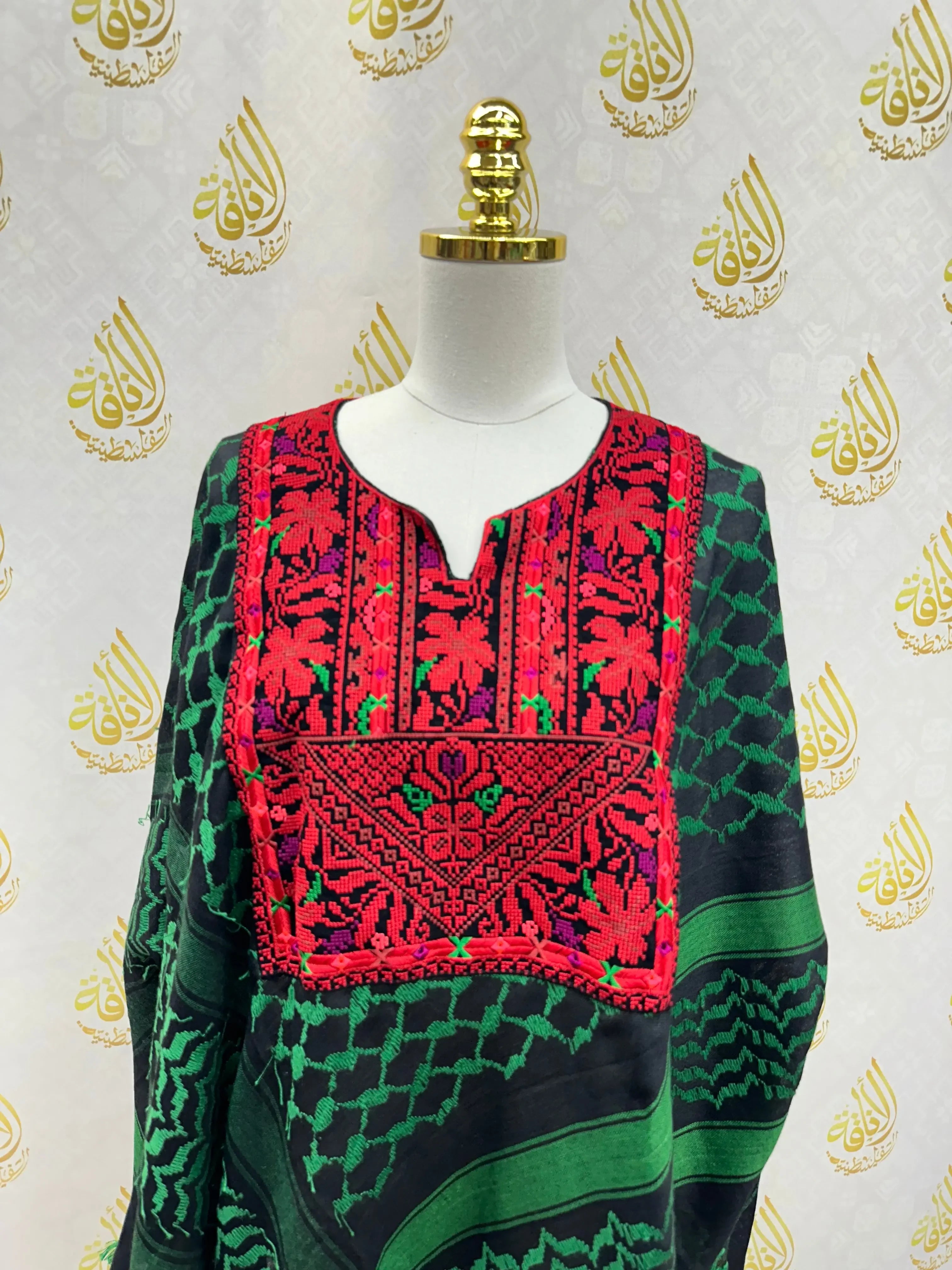 Palestinian Elegance multicolor kuffiyeh shirt with red embroidered floral design and green patterned fabric