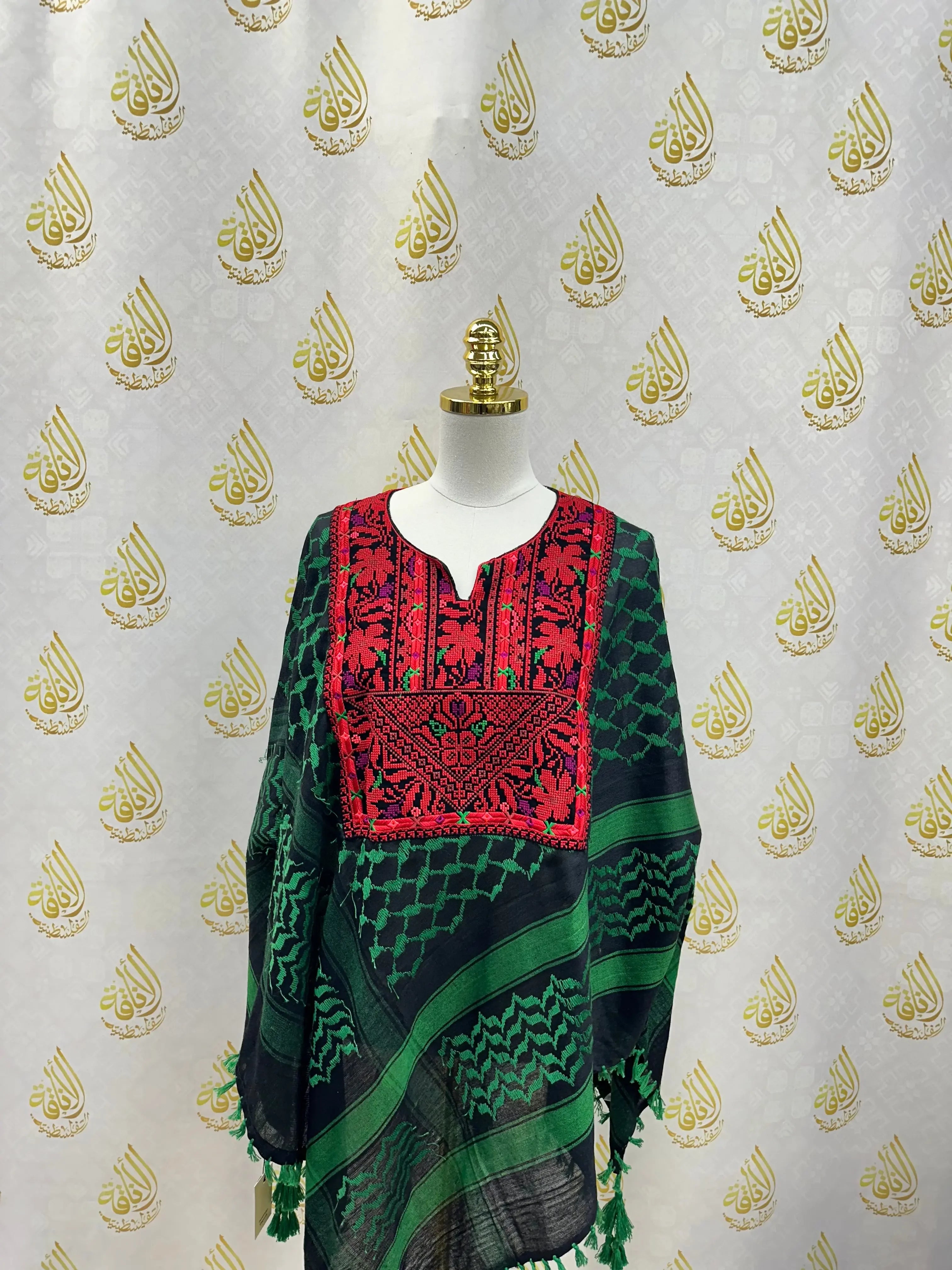Palestinian Elegance multicolor kuffiyeh shirt with red embroidered neckline and green traditional patterns
