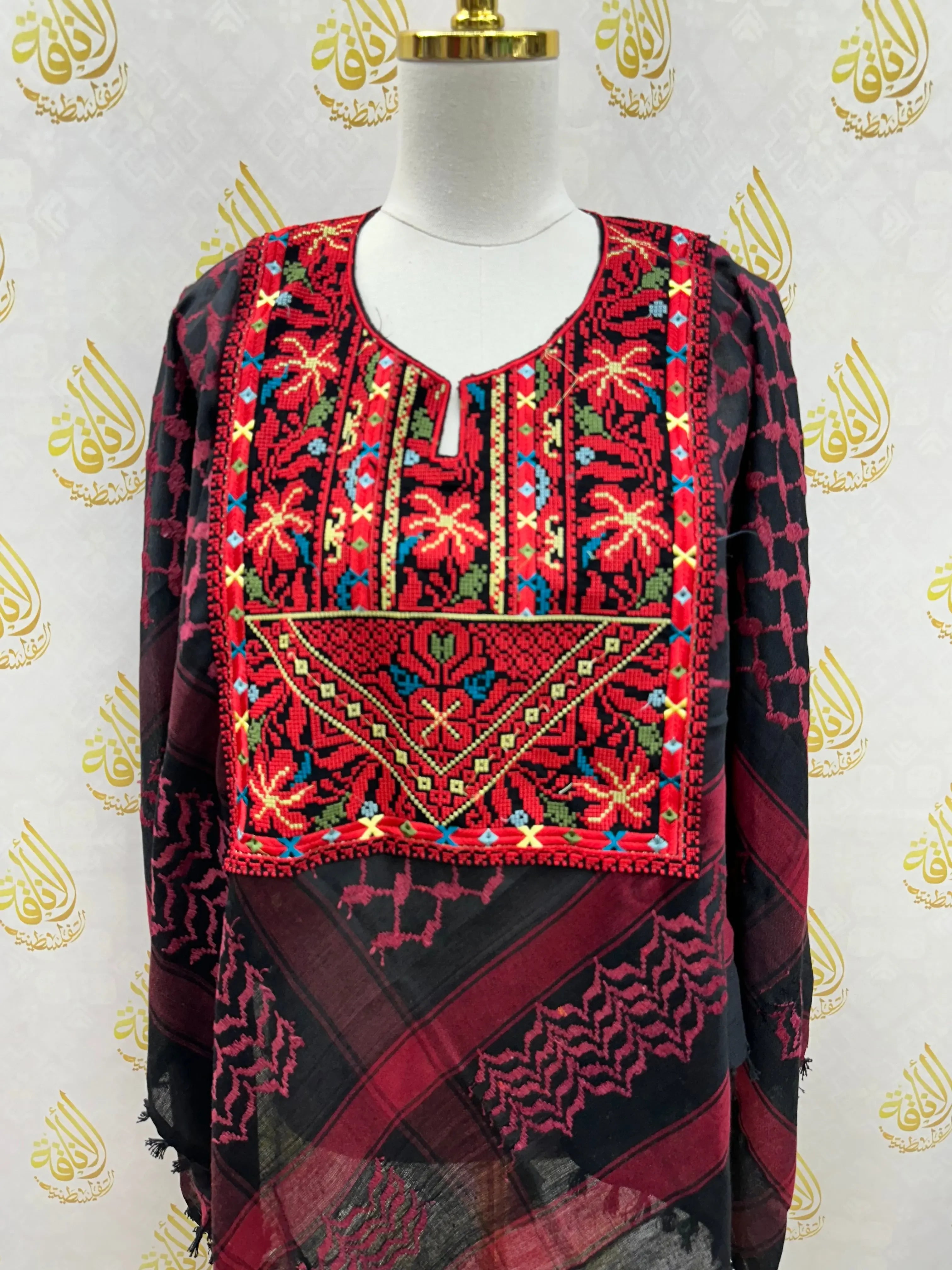 Palestinian Elegance multicolor kuffiyeh shirt with intricate red and black embroidery on casual long sleeve design