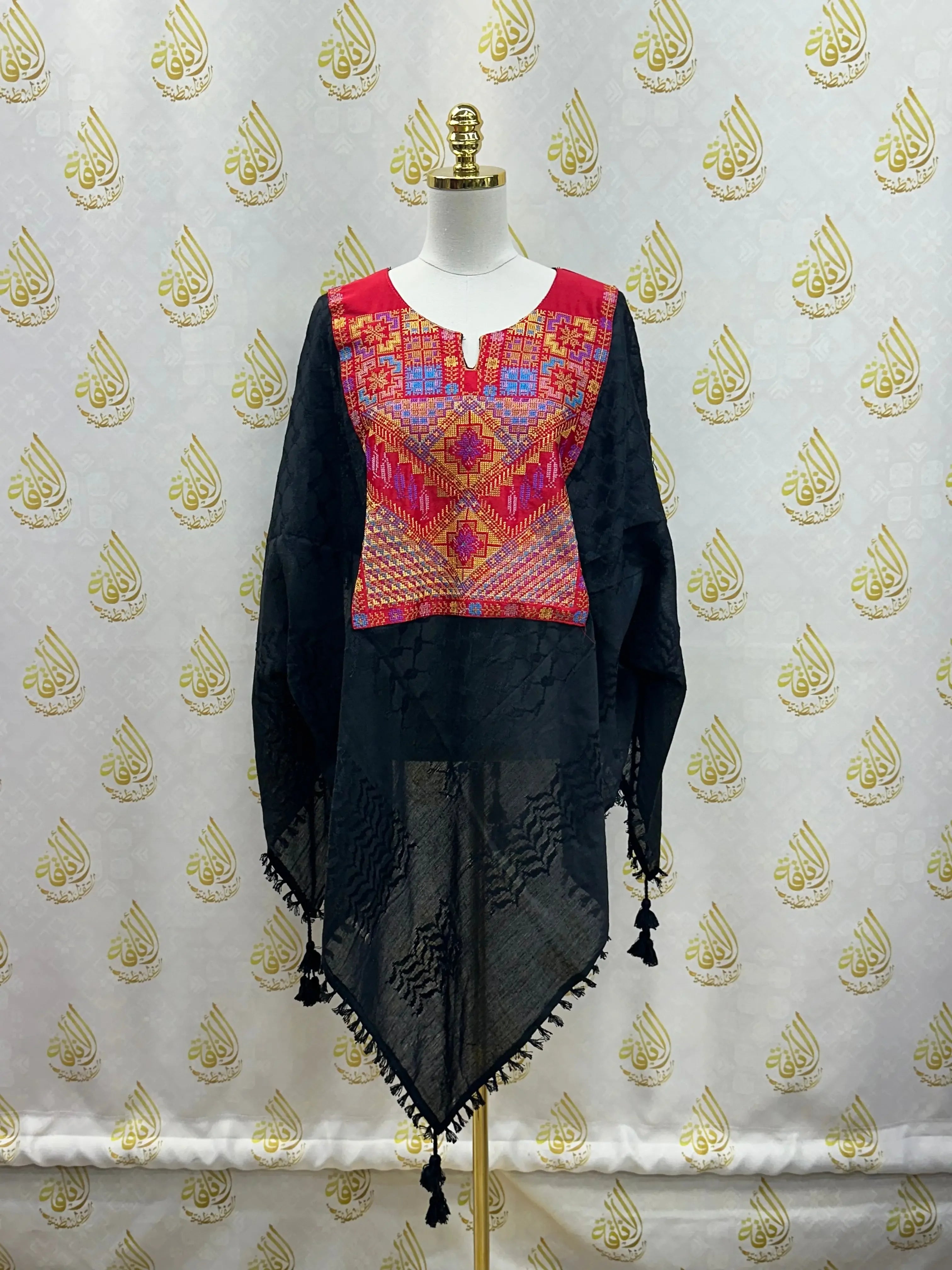 Palestinian Elegance casual multicolor kuffiyeh shirt with vibrant embroidered chest and black sheer fabric