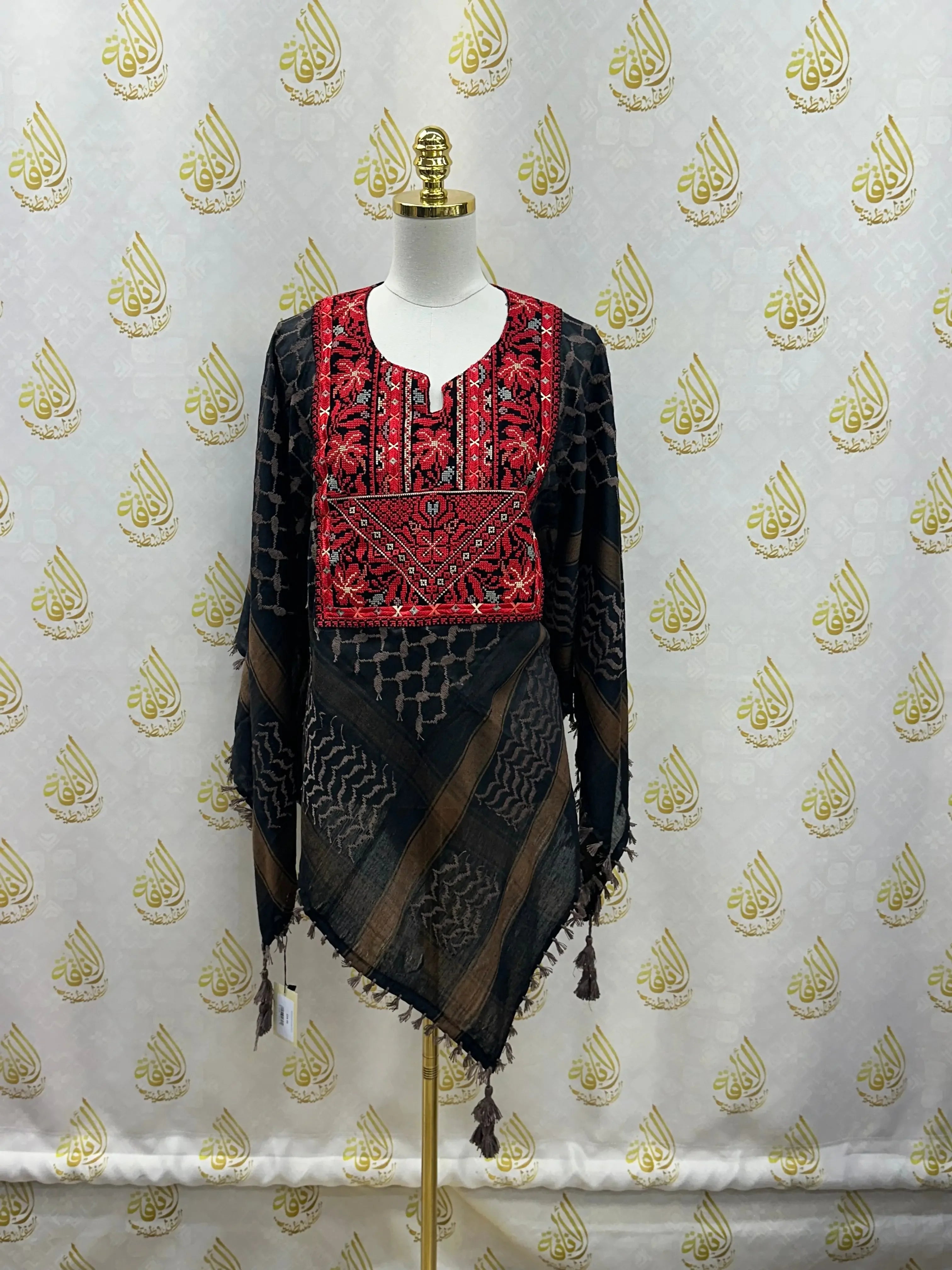 Palestinian Elegance multicolor kuffiyeh shirt in black with red embroidered neckline and tassel details