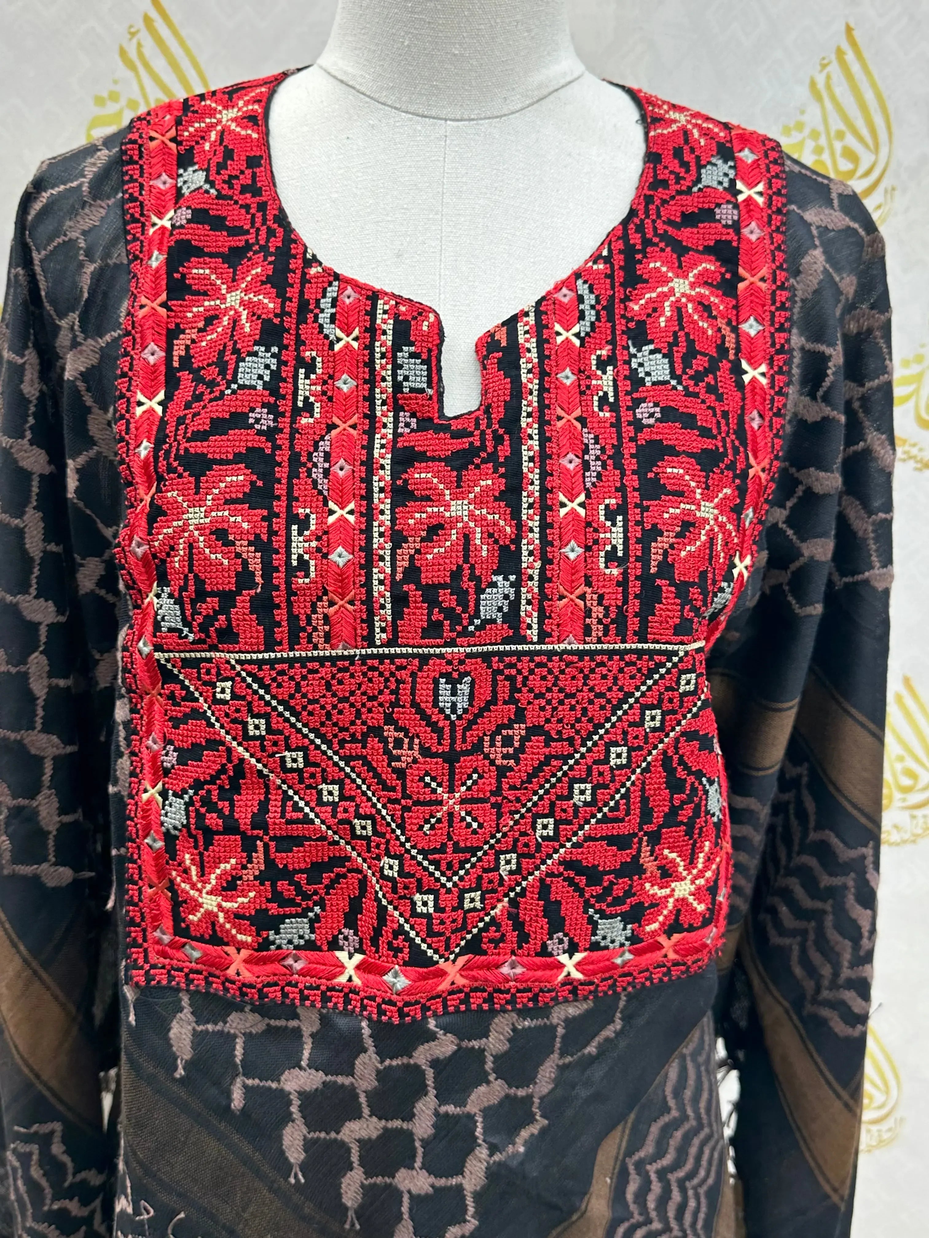 Palestinian Elegance multicolor kuffiyeh shirt with red and black traditional embroidered patterns