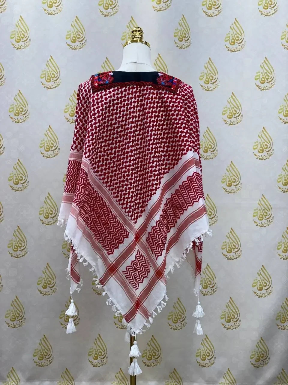 Palestinian Elegance casual multicolor kuffiyeh shirt with traditional red and white pattern and tassels