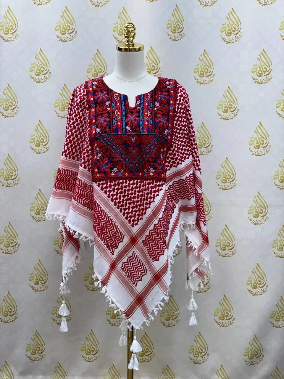 Palestinian Elegance casual multicolor kuffiyeh shirt with traditional red and white patterns and embroidered neckline