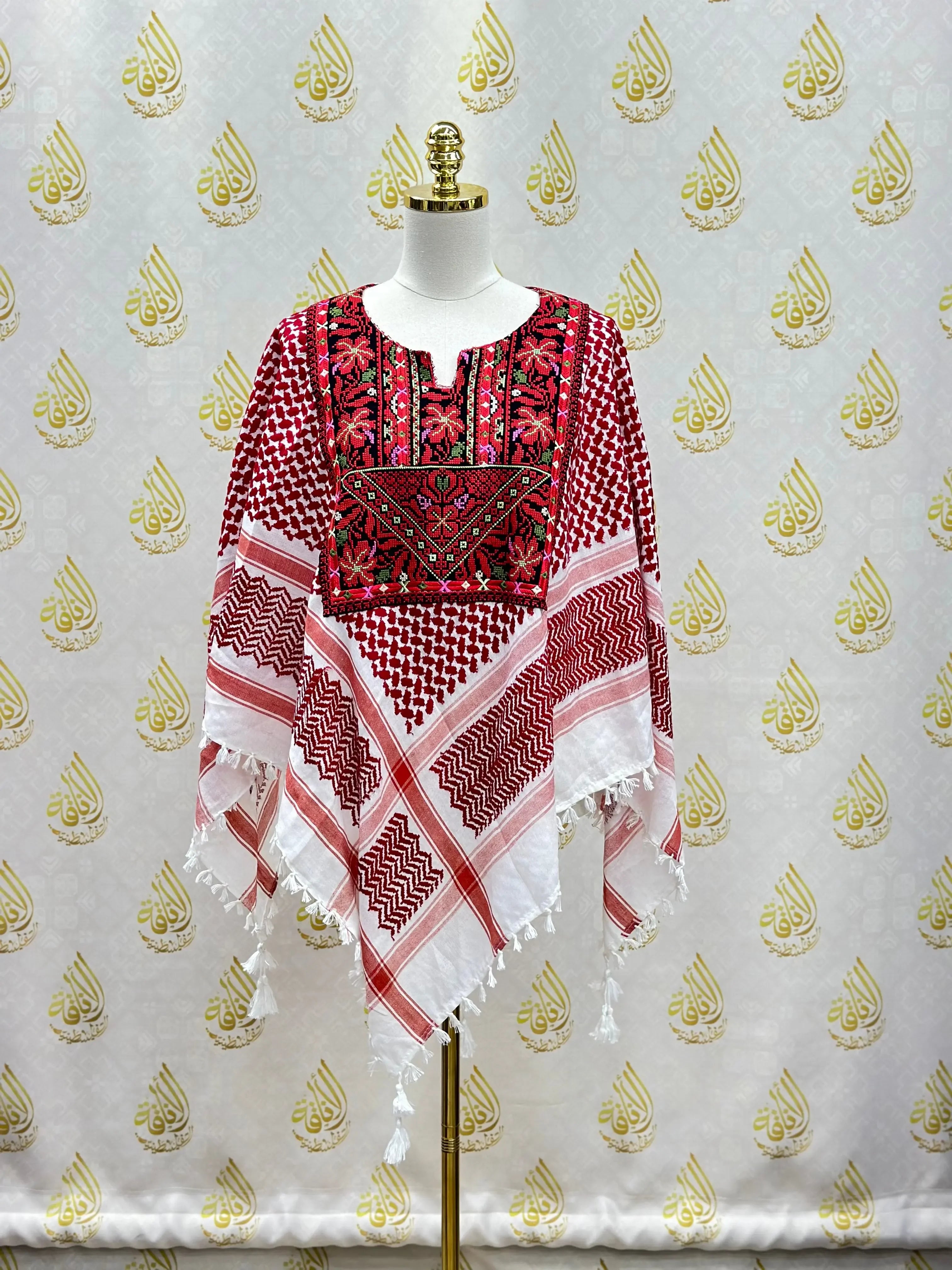 Palestinian Elegance multicolor kuffiyeh shirt with intricate embroidery and traditional red and white pattern