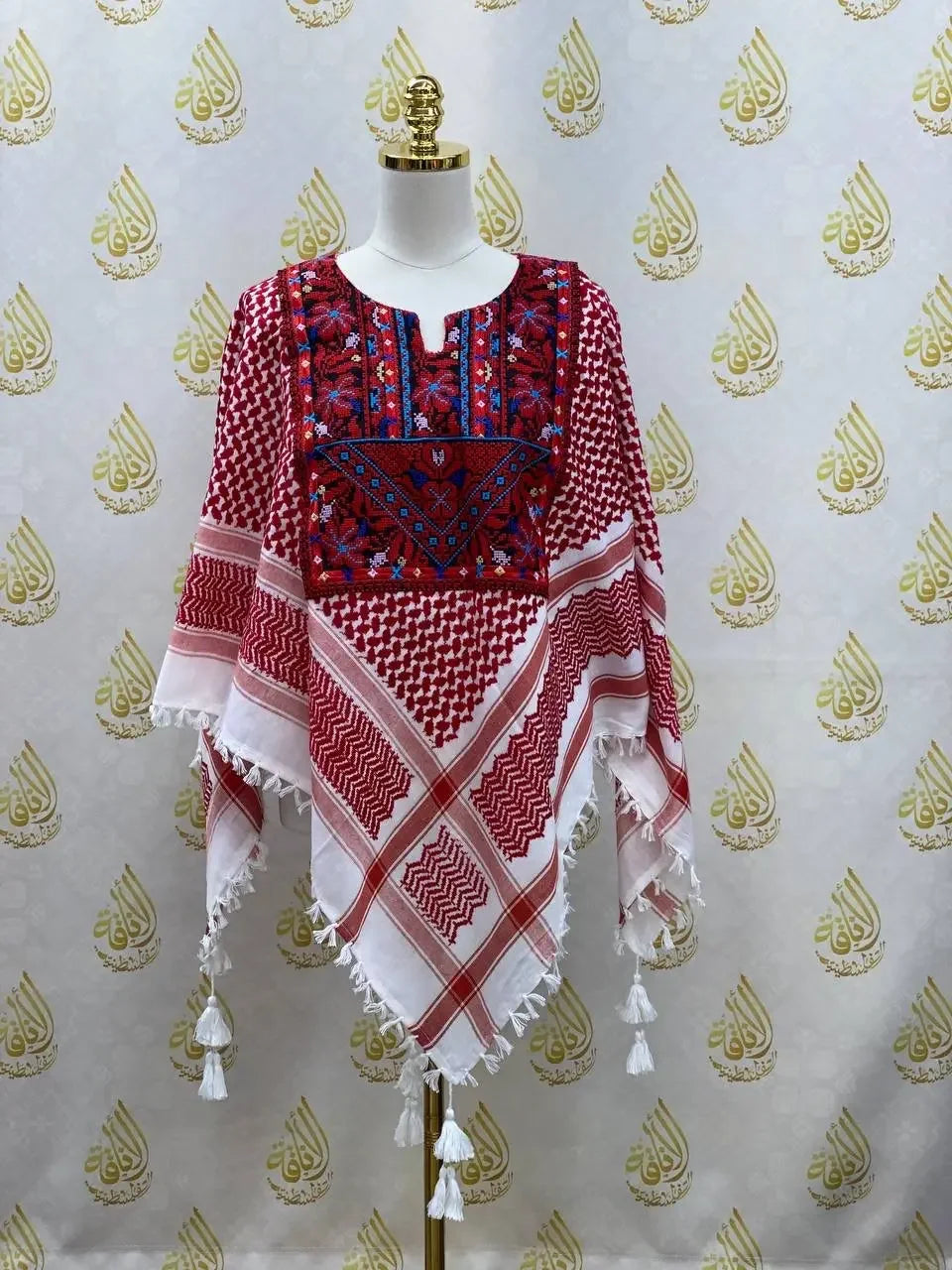 Palestinian Elegance multicolor kuffiyeh shirt with red and white traditional patterns and embroidered neckline