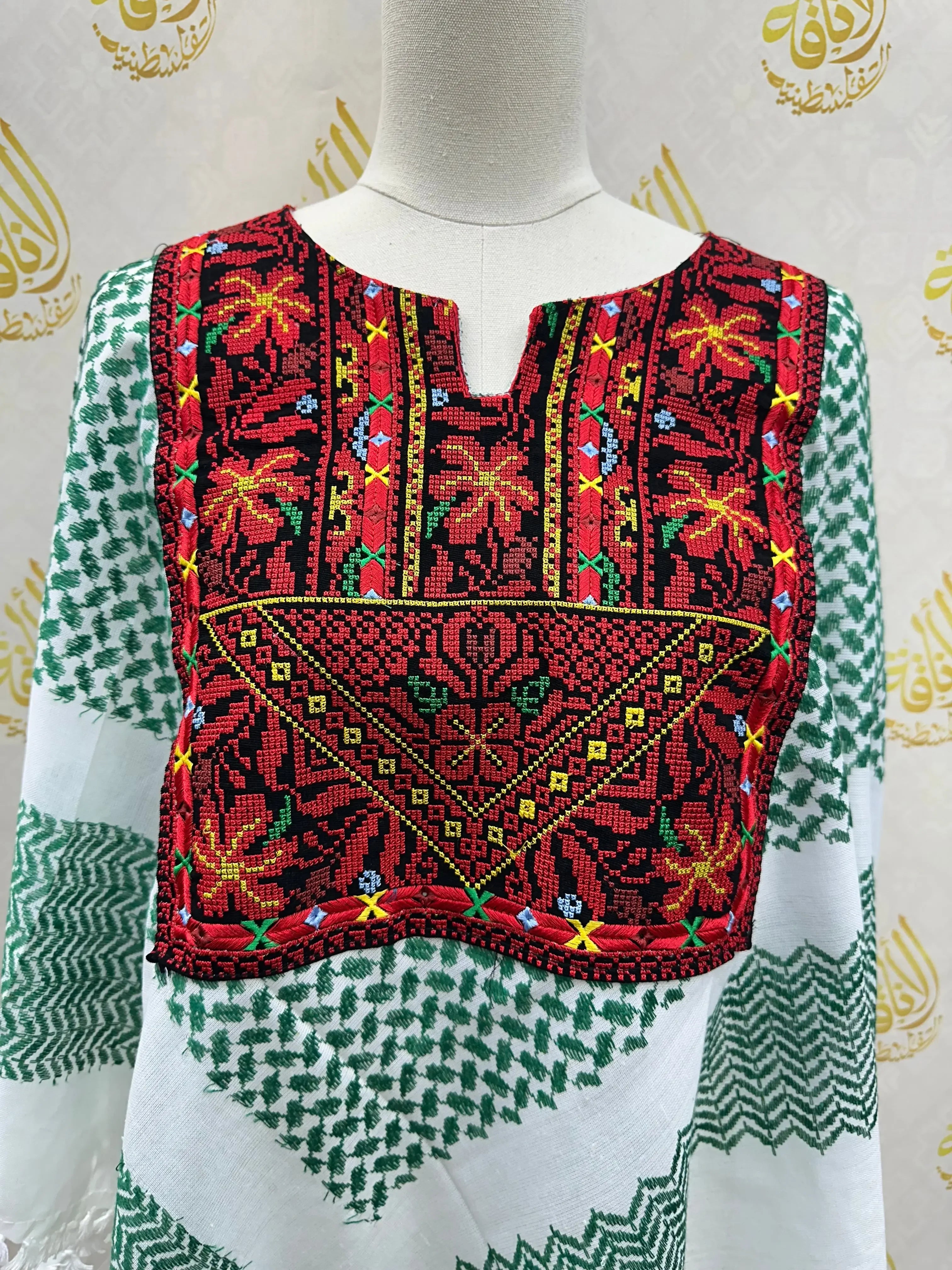 Palestinian Elegance multicolor kuffiyeh shirt with traditional embroidery and green patterned sleeves