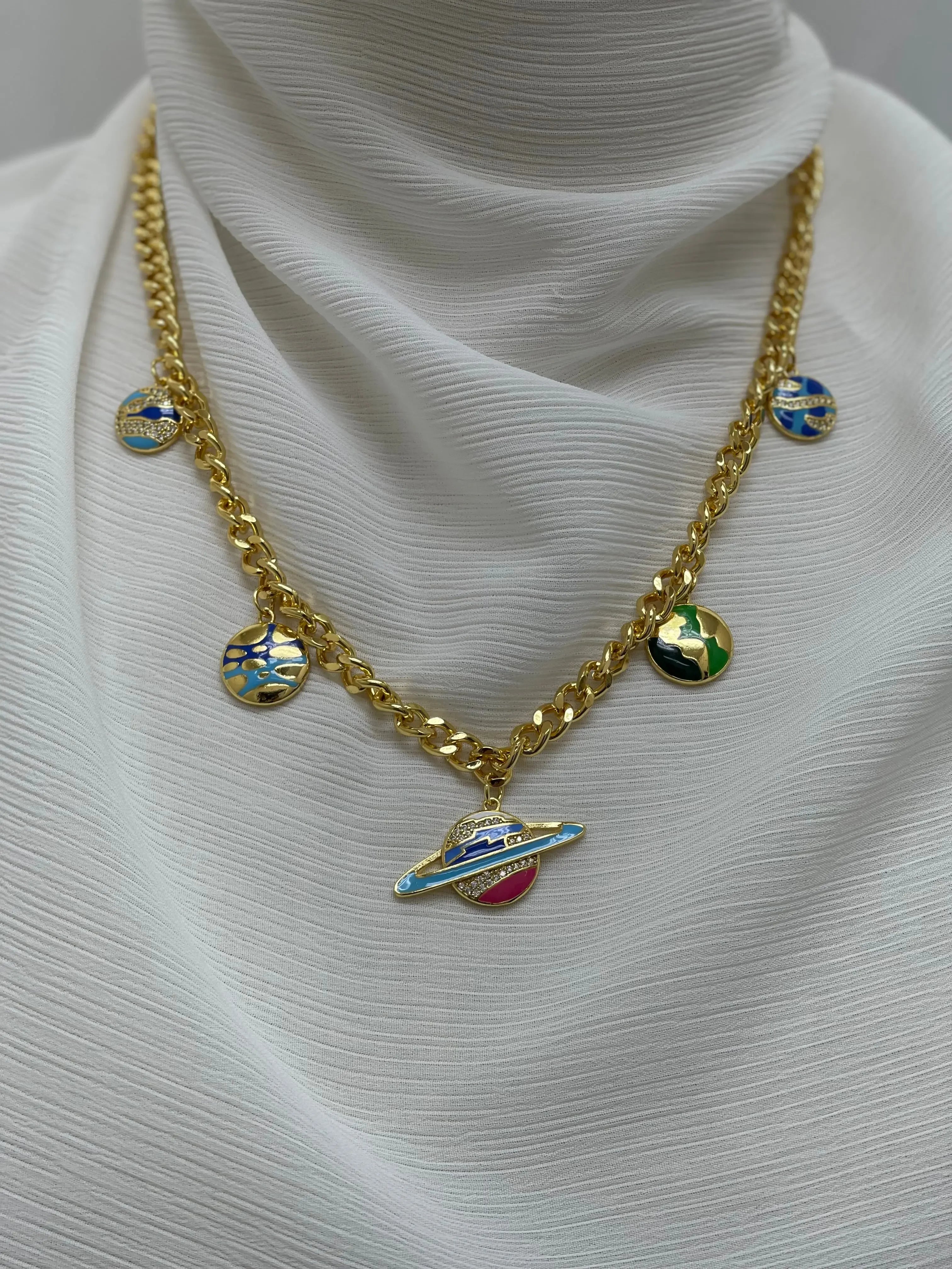Celestial Charm: Imitation Multicolor Planet Necklace Palestinian Elegance