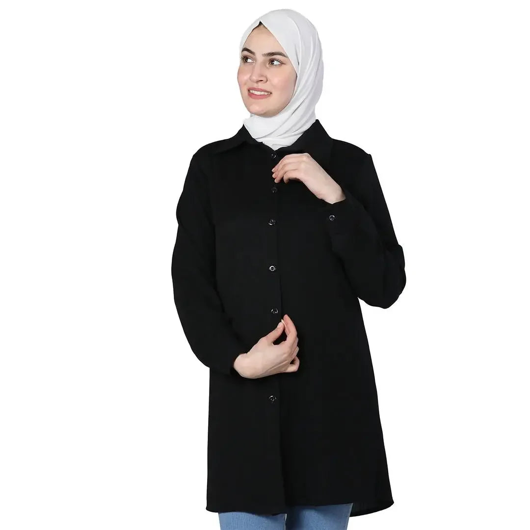 Black crepe shirt for women by Palestinian Elegance with button-down front and long sleeves