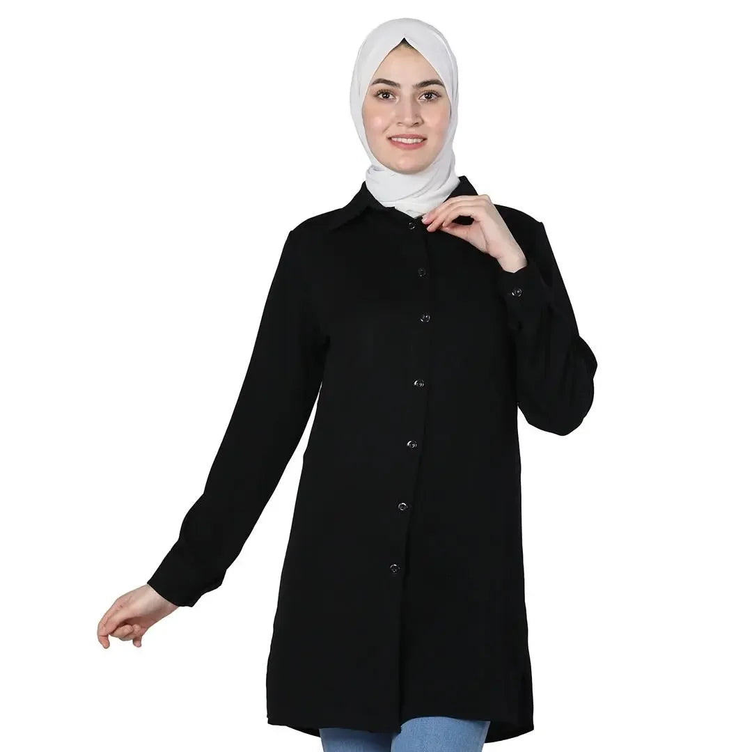 Black crepe shirt for women with long sleeves and button-down front by Palestinian Elegance