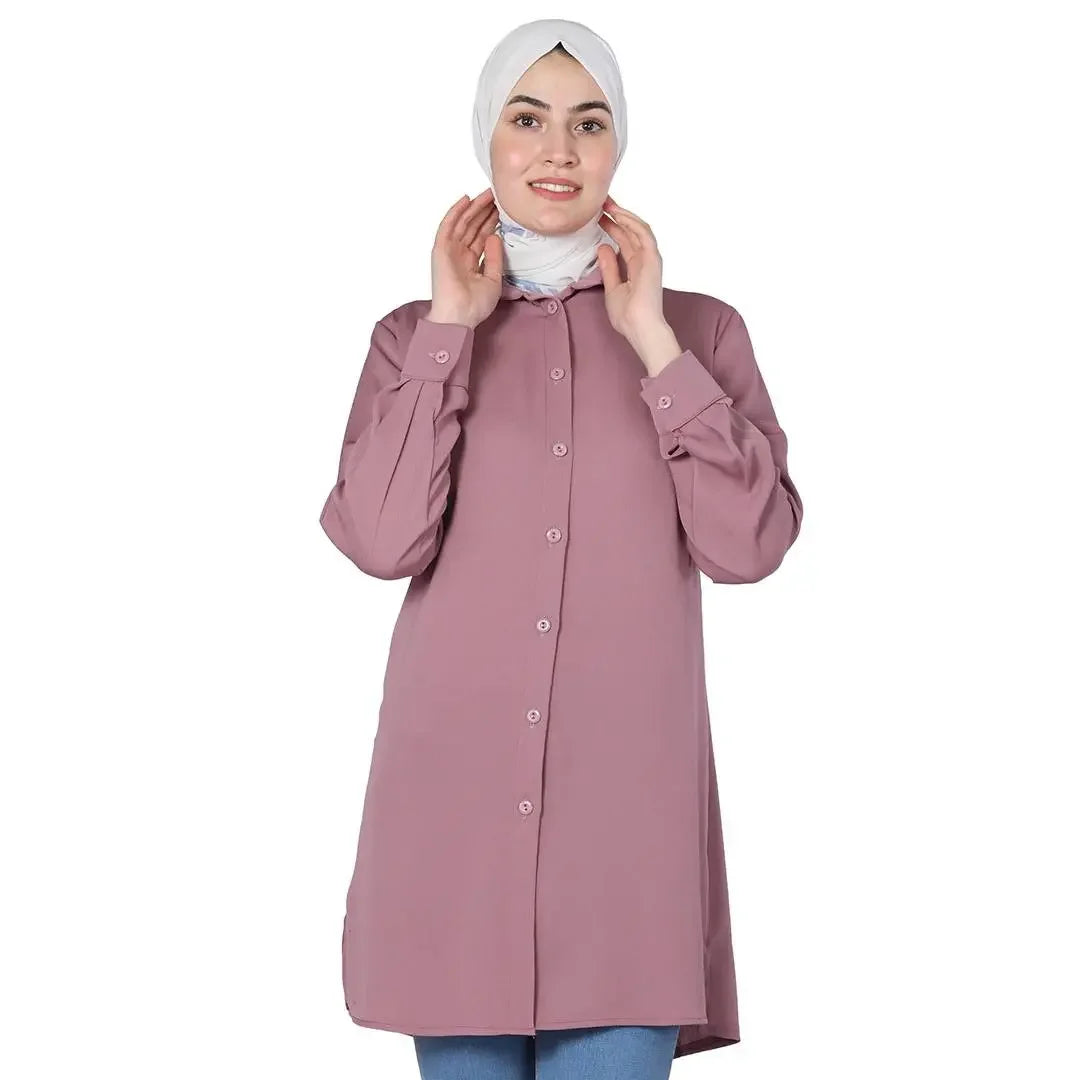 Palestinian Elegance casual crepe shirt for women in dusty rose with full button front and long sleeves