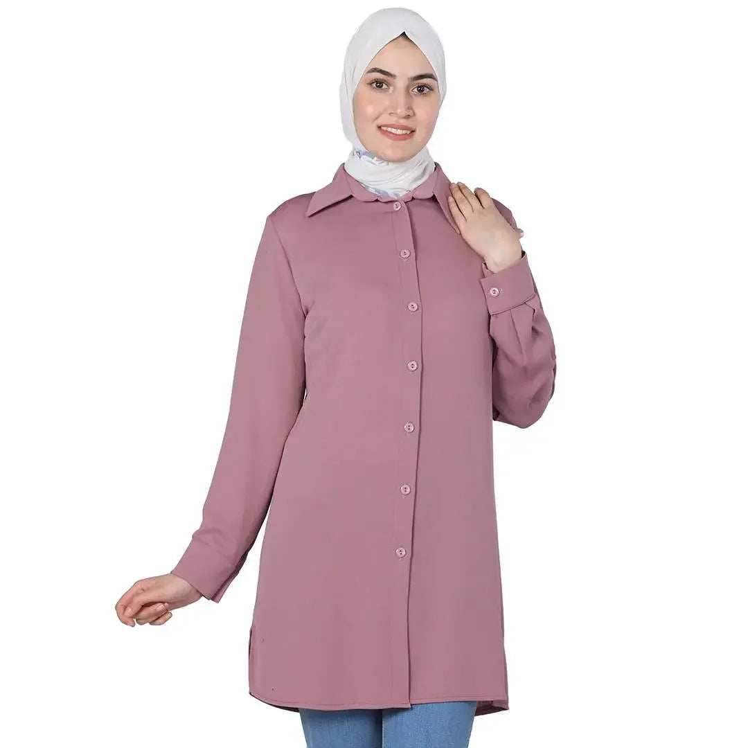 Palestinian Elegance crepe shirt for women in dusty pink with long sleeves and button-down front
