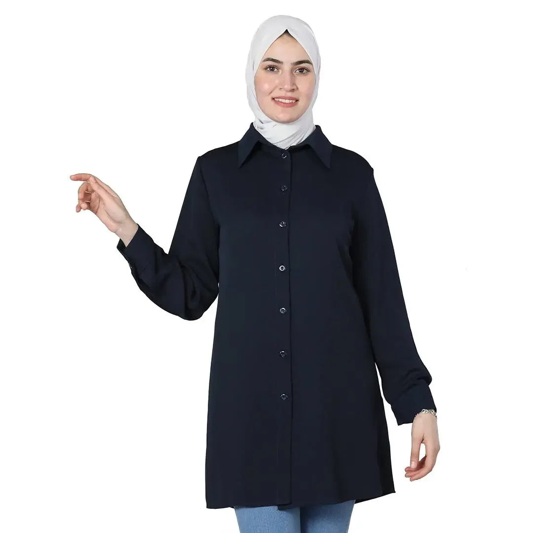 Palestinian Elegance casual crepe shirt for women in navy blue with long sleeves and button front