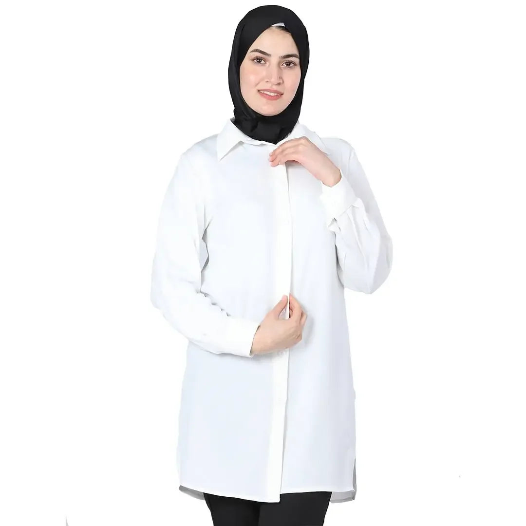 Palestinian Elegance white crepe shirt for women worn by a woman with a black hijab