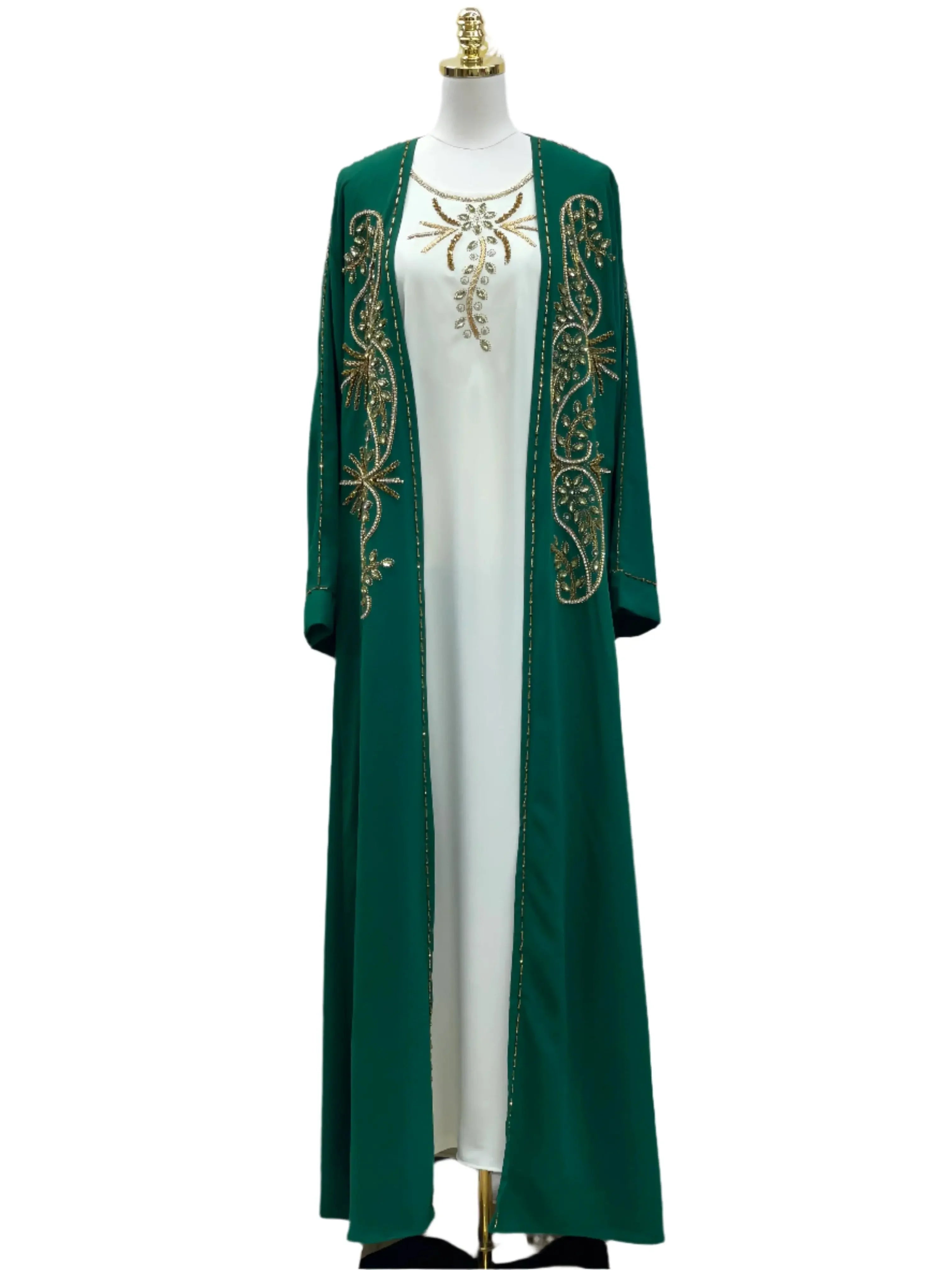 Palestinian Elegance green open abaya set with gold embroidery over a white dress