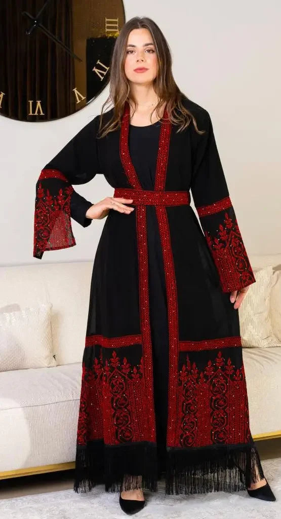 Side view of georgette open abaya with tatreez embroidery, part of the Two Piece Palestinian Elegance collection