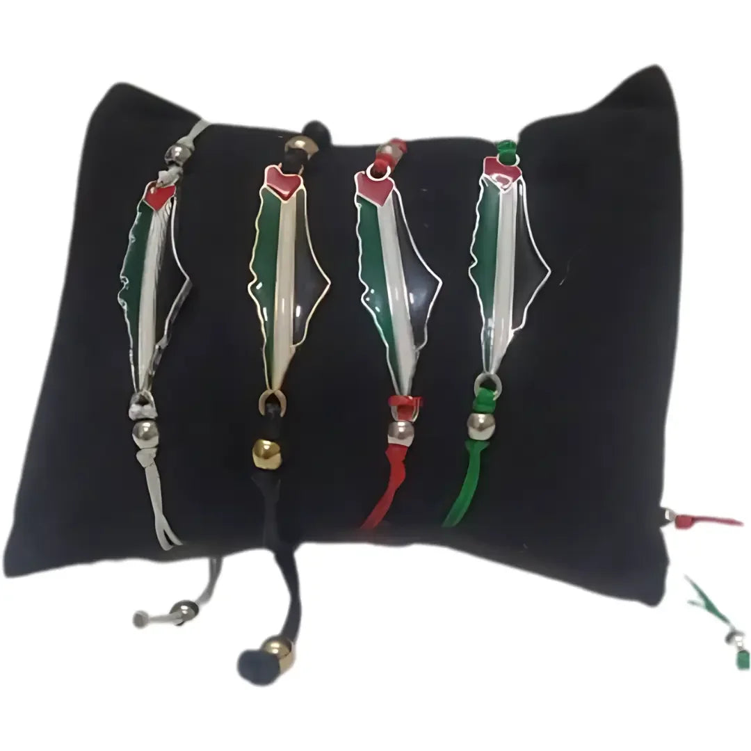 Palestine bracelet with gold beads and map charm in black red green and white cords by Palestinian Elegance