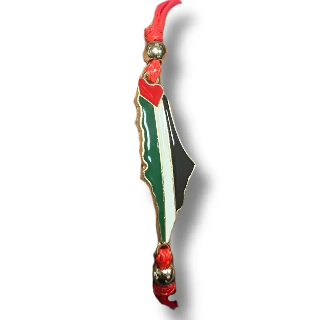 Palestine bracelet with gold beads featuring a map-shaped charm in red white green and black colors