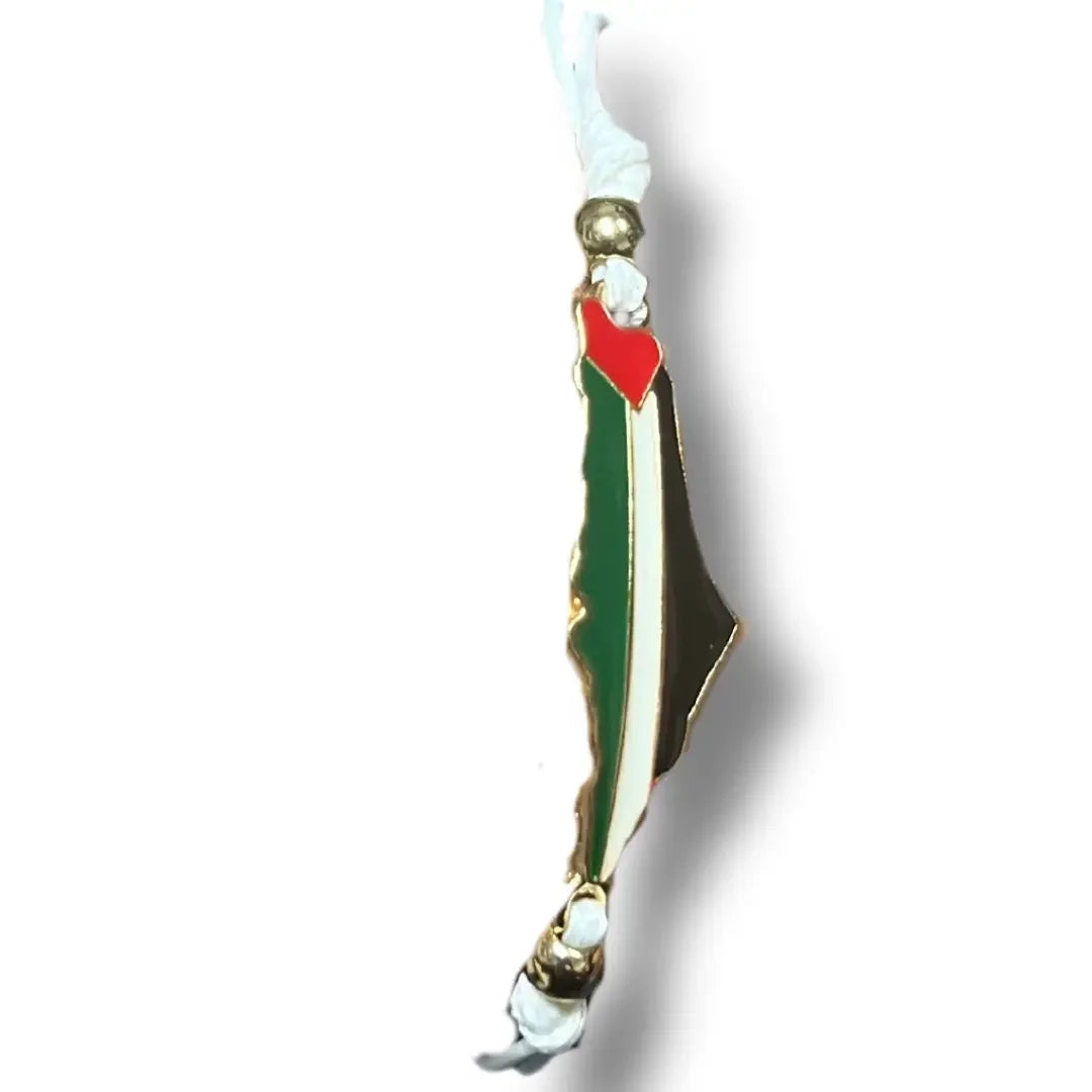 Palestine bracelet with gold beads featuring a map-shaped charm in Palestinian flag colors
