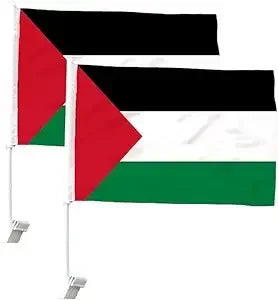 Palestine car flags with black, white, green stripes and red triangle mounted on white poles