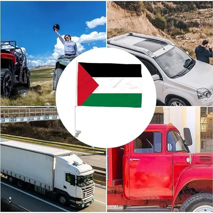 Palestine car flags accessory displayed with vehicles including an ATV, SUV, truck, and red vintage truck