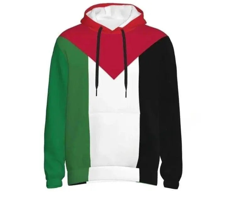 Palestine flag hoodie with red, green, white, and black color blocks and black drawstrings