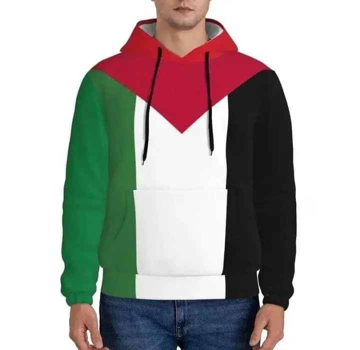 Palestine flag hoodie with red, green, white, and black colors designed for stylish comfort